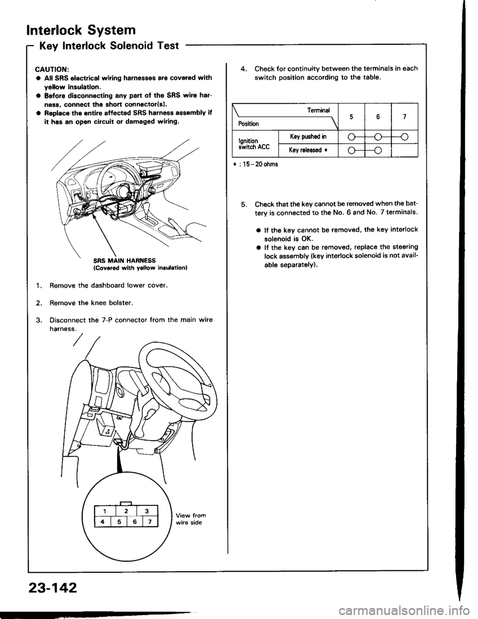 HONDA INTEGRA 1994 4.G Owners Manual Interlock System
Kev Interlock SolenoidTestKey IntenocK Dorenoro I esr -
CAUTION:
a All SRS electrical wiring harnesses ar€ covered rYith
yollow insulation.
a 8eforc disconnecting any pan of the SRS HONDA INTEGRA 1994 4.G Owners Manual Interlock System
Kev Interlock SolenoidTestKey IntenocK Dorenoro I esr -
CAUTION:
a All SRS electrical wiring harnesses ar€ covered rYith
yollow insulation.
a 8eforc disconnecting any pan of the SRS