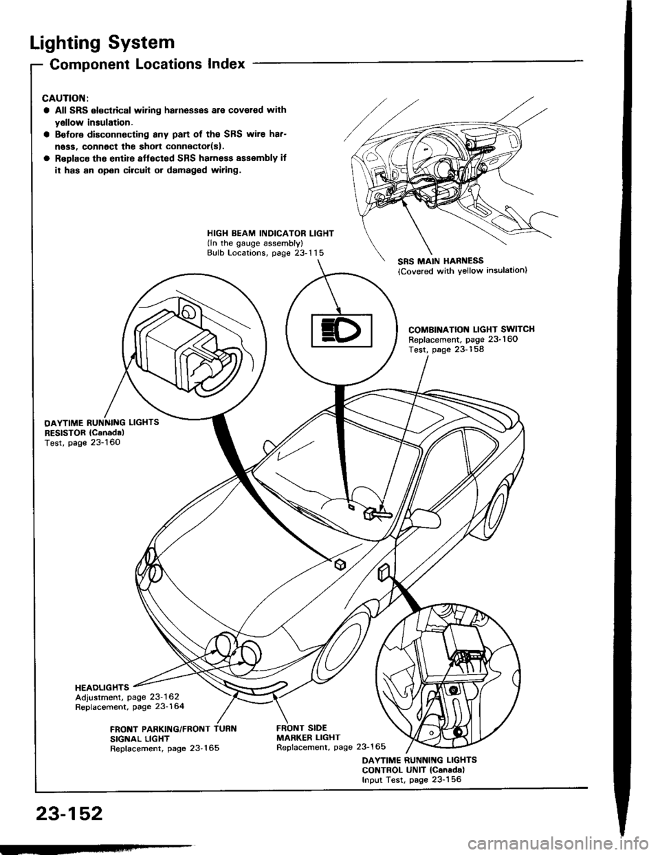 HONDA INTEGRA 1994 4.G Manual PDF Lighting System
OAYTIMERESISTOR lC.nodalTest, page 23-160
HEAOLIGHTSAdjustment, page 23-162Replacement, page 23-164
Component Locations Index
All SRS el€ctrical wiring harnesses ale covered with
yal HONDA INTEGRA 1994 4.G Manual PDF Lighting System
OAYTIMERESISTOR lC.nodalTest, page 23-160
HEAOLIGHTSAdjustment, page 23-162Replacement, page 23-164
Component Locations Index
All SRS el€ctrical wiring harnesses ale covered with
yal