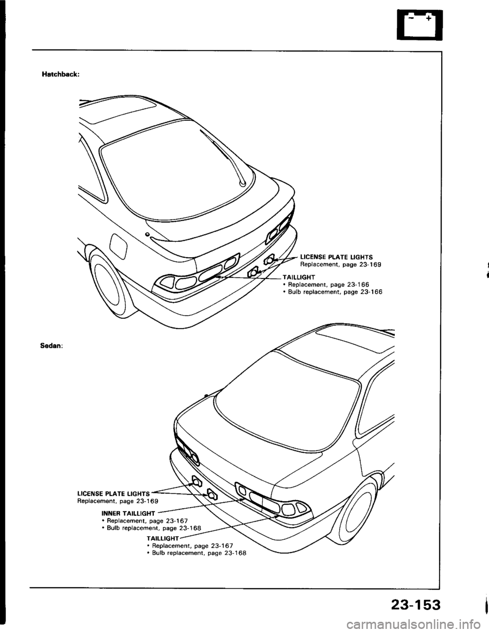 HONDA INTEGRA 1994 4.G User Guide Hatchback:
Sodan:
LICENSE PLATE LIGHTSReplacement. page 23-169
TAILLIGHT. Replacement, page 23-166. Eulb replacement, page 23-166
LICENSE PLATE LIGHTSRoplacement, page 23169
INI{ER TAILLIGHT. Replace HONDA INTEGRA 1994 4.G User Guide Hatchback:
Sodan:
LICENSE PLATE LIGHTSReplacement. page 23-169
TAILLIGHT. Replacement, page 23-166. Eulb replacement, page 23-166
LICENSE PLATE LIGHTSRoplacement, page 23169
INI{ER TAILLIGHT. Replace