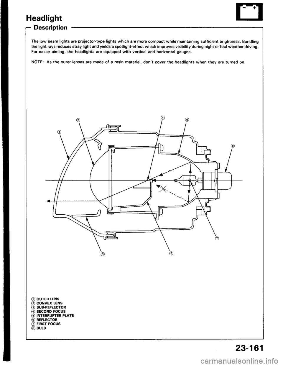 HONDA INTEGRA 1994 4.G Workshop Manual Headlight
Description
The low beam lights are proiector-type lights which are more compact while maintaining sufficient brightness. Bundling
the light rays reduces stray light and yields a spotlight-e