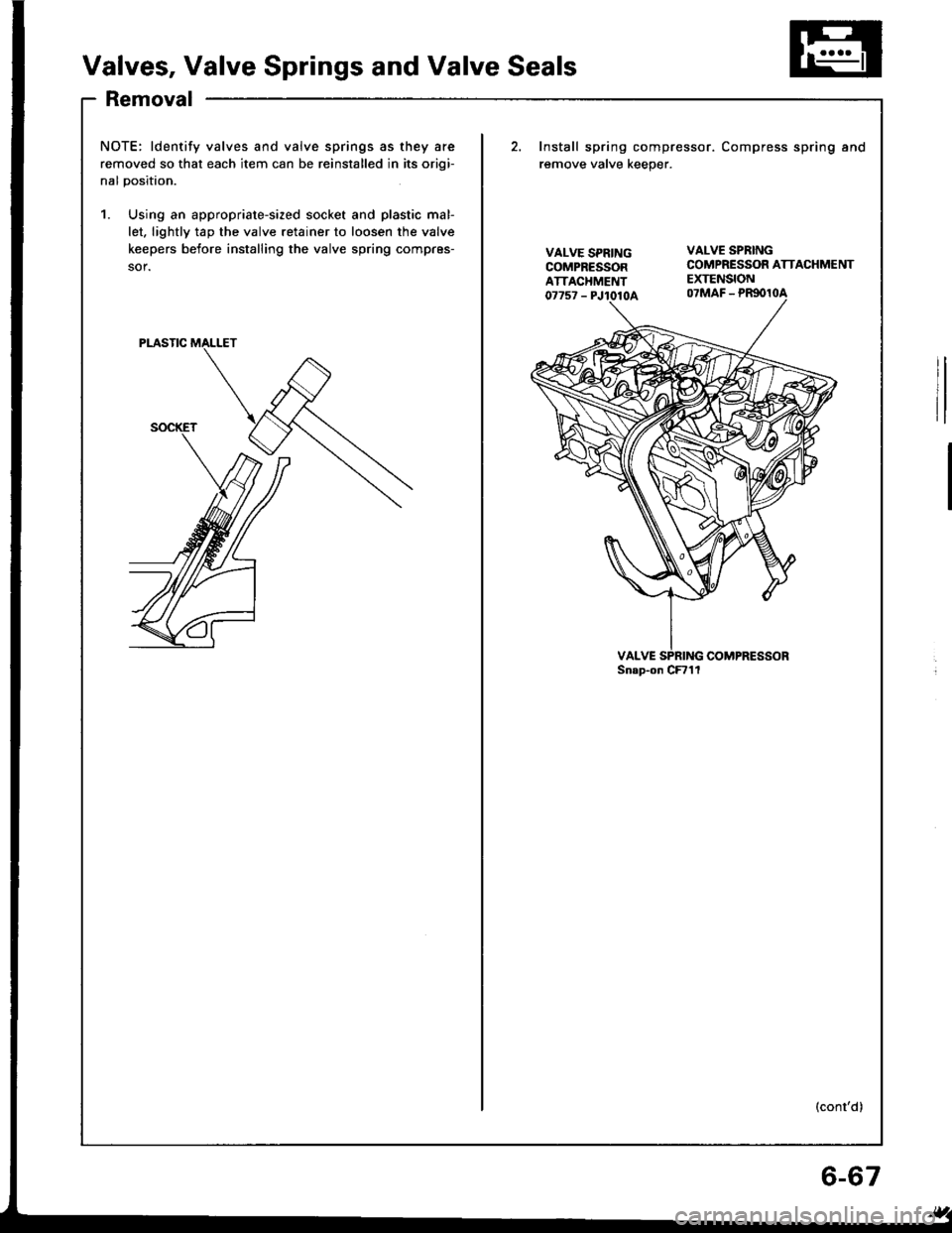 HONDA INTEGRA 1994 4.G Workshop Manual Valves, Valve Springs and Valve Seals
Removal
NOTE: ldentify valves and valve springs as they are
removed so that each item can be reinstalled in its orioi-
nal position.
1. Using an appropriate-sized HONDA INTEGRA 1994 4.G Workshop Manual Valves, Valve Springs and Valve Seals
Removal
NOTE: ldentify valves and valve springs as they are
removed so that each item can be reinstalled in its orioi-
nal position.
1. Using an appropriate-sized