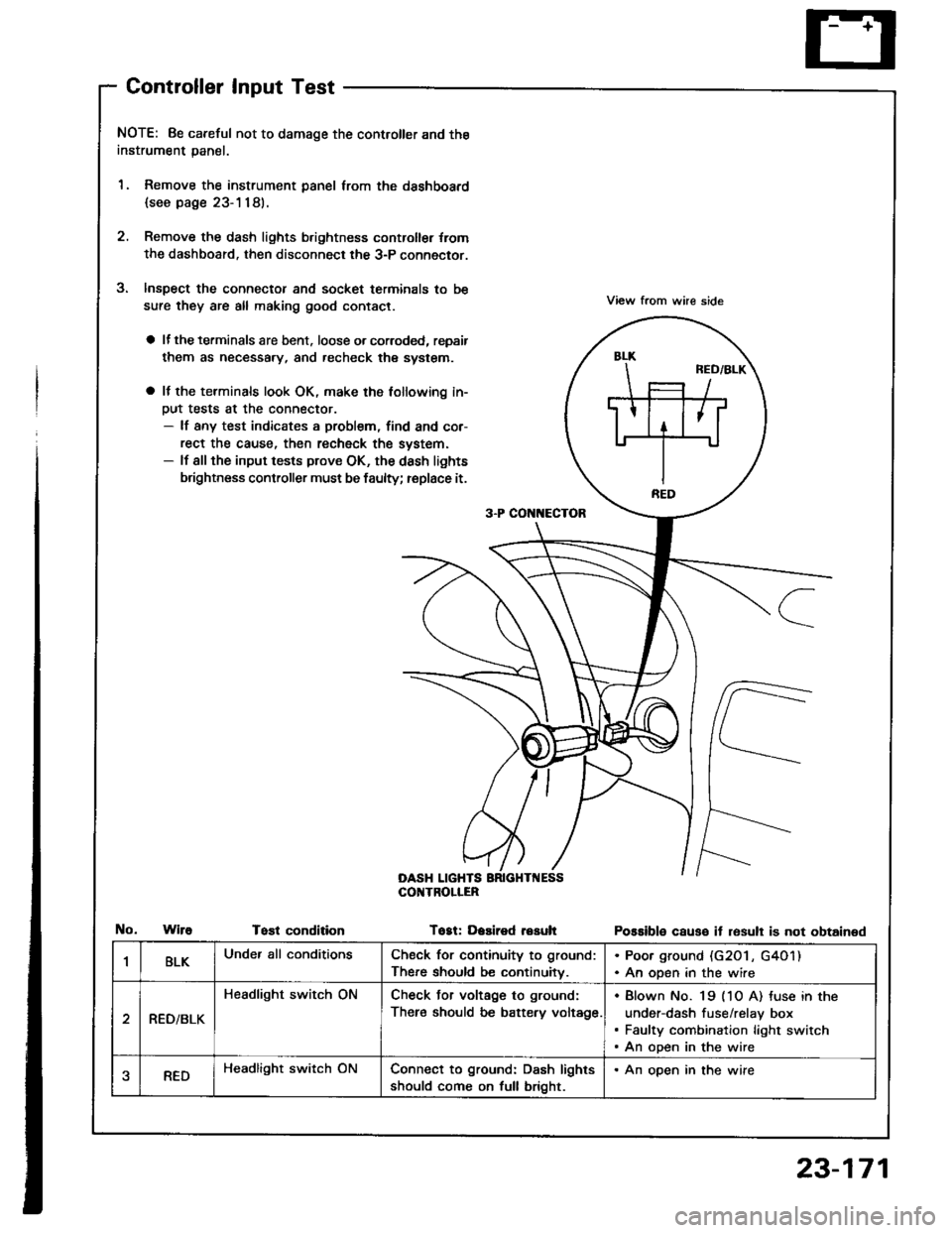 HONDA INTEGRA 1994 4.G Workshop Manual Controller Input Test
NOTE: 8e careful not to damage the controller and the
instrument panal.
1. Remove the instrument panel lrom the dsshboard
{see page 23-1181.
2. Remove the dash lights b.ightness HONDA INTEGRA 1994 4.G Workshop Manual Controller Input Test
NOTE: 8e careful not to damage the controller and the
instrument panal.
1. Remove the instrument panel lrom the dsshboard
{see page 23-1181.
2. Remove the dash lights b.ightness