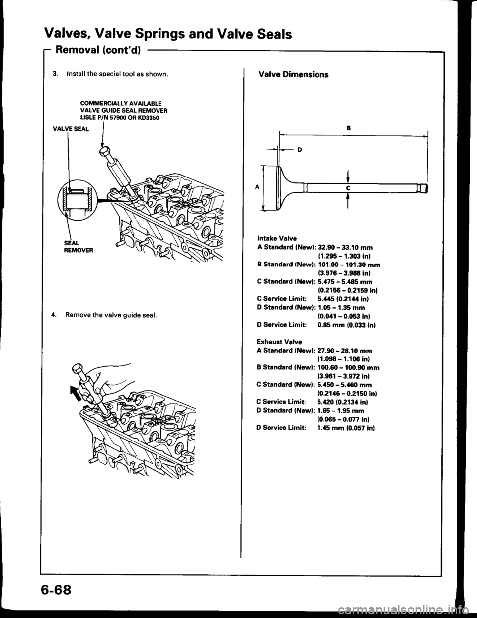HONDA INTEGRA 1994 4.G Workshop Manual Valves, Valve Springs and Valve Seals
Removal (contdl
3. Installthe specialtool as shown
COMMERCIALLY AVAILABLEVALVE GUIDE SEAL REMOVERLrst"E P/N s79(x OR KD3350
4. Remove the valve guide seal.
6-68 HONDA INTEGRA 1994 4.G Workshop Manual Valves, Valve Springs and Valve Seals
Removal (contdl
3. Installthe specialtool as shown
COMMERCIALLY AVAILABLEVALVE GUIDE SEAL REMOVERLrst"E P/N s79(x OR KD3350
4. Remove the valve guide seal.
6-68