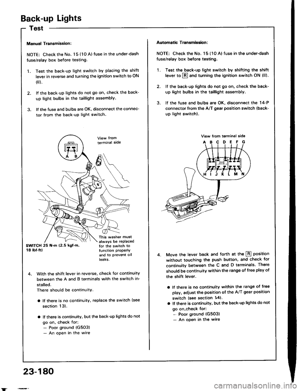 HONDA INTEGRA 1994 4.G Workshop Manual Back-up Lights
Manual Transmigsion:
NOTE: Check the No. 1 5 { 1 O A) fuse in the under-dash
fuse/relay box befote testing.
1. Test the back-up light switch by placing the shift
lever in reverse and t HONDA INTEGRA 1994 4.G Workshop Manual Back-up Lights
Manual Transmigsion:
NOTE: Check the No. 1 5 { 1 O A) fuse in the under-dash
fuse/relay box befote testing.
1. Test the back-up light switch by placing the shift
lever in reverse and t