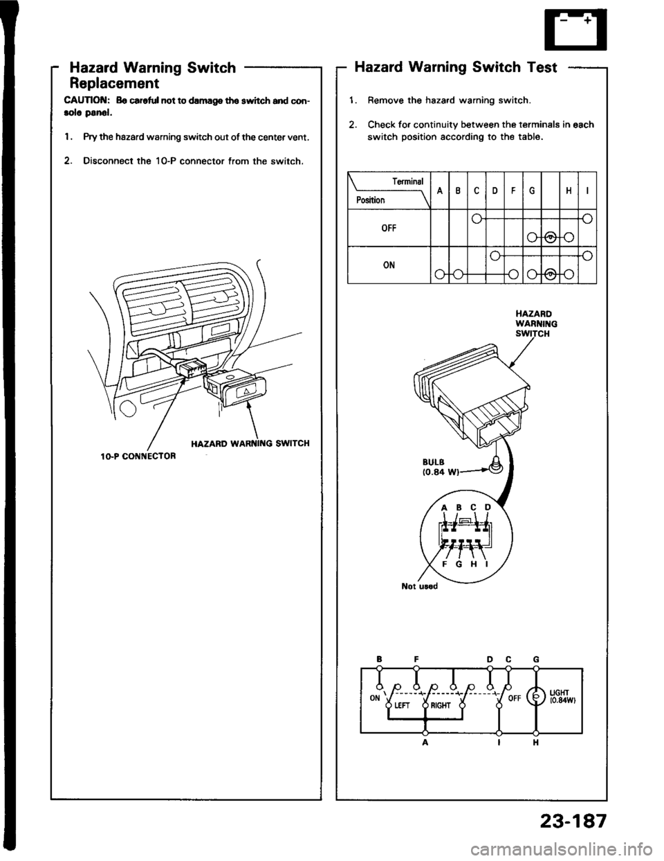HONDA INTEGRA 1994 4.G Workshop Manual Hazard Warning Switch
Replacement
CAUTIOI{: Bo car.ful not to damag8 tho switch and con-
lolo panol.
1. Prythe hazard warning switch out of the center vent,
2. Disconnect the 10-P connector trom the s HONDA INTEGRA 1994 4.G Workshop Manual Hazard Warning Switch
Replacement
CAUTIOI{: Bo car.ful not to damag8 tho switch and con-
lolo panol.
1. Prythe hazard warning switch out of the center vent,
2. Disconnect the 10-P connector trom the s