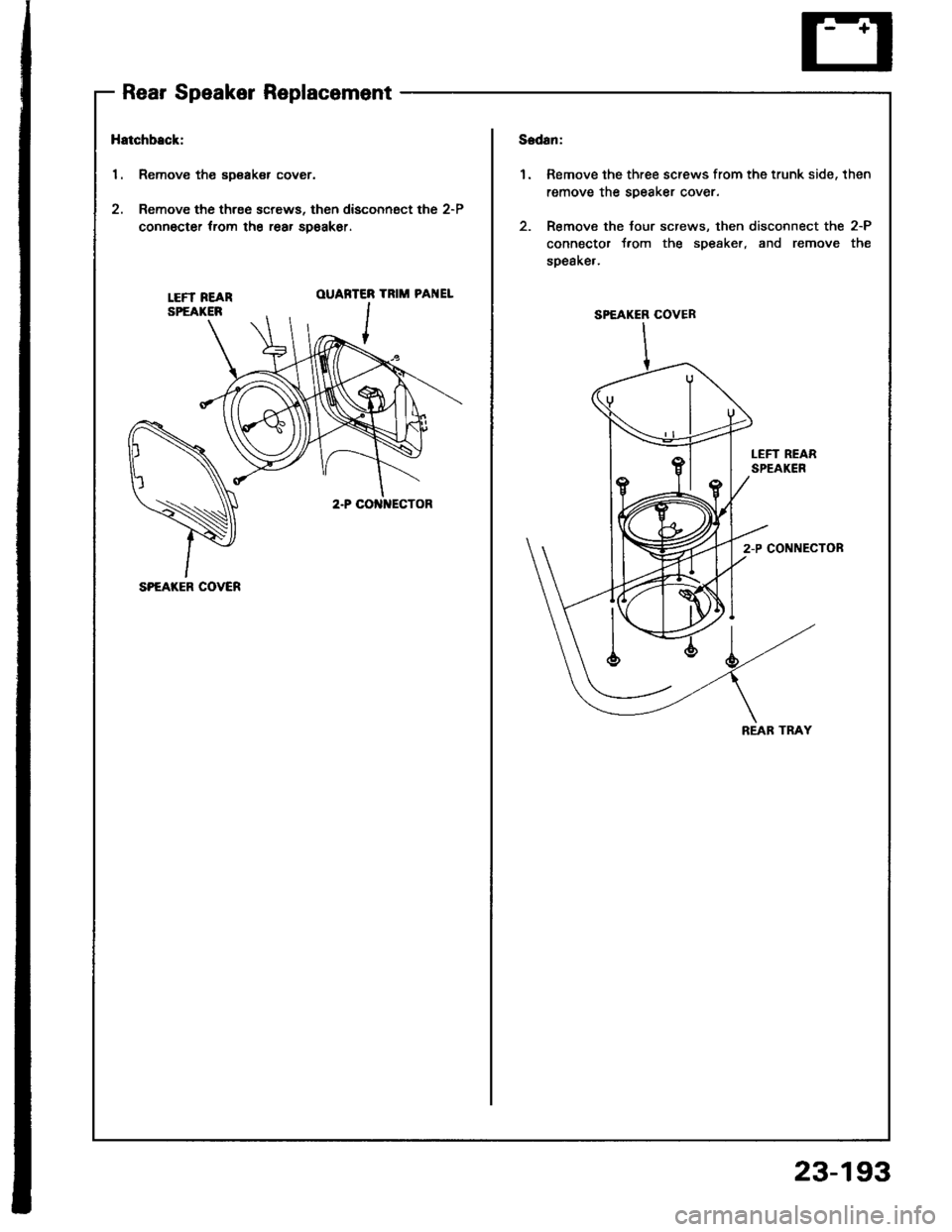 HONDA INTEGRA 1994 4.G Owners Guide Rear Speaker Replacement
Hatchback:
1. Remove the sDsaker cover.
2. Remove the three screws, then disconngct the 2-P
connocter trom the rear spoakor.
1.Remove the three screws from the trunk side, the HONDA INTEGRA 1994 4.G Owners Guide Rear Speaker Replacement
Hatchback:
1. Remove the sDsaker cover.
2. Remove the three screws, then disconngct the 2-P
connocter trom the rear spoakor.
1.Remove the three screws from the trunk side, the