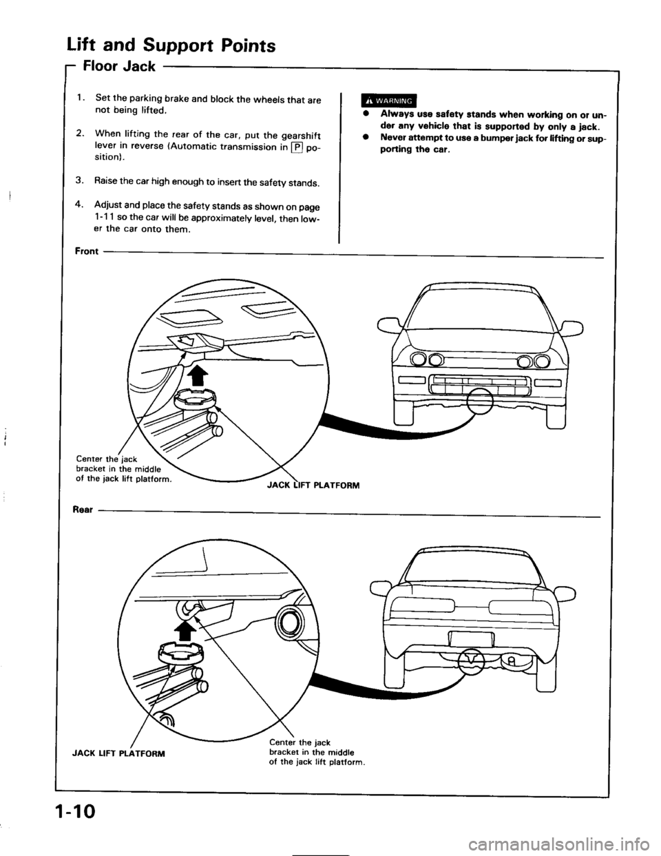 HONDA INTEGRA 1994 4.G Workshop Manual and Support Points
Jack
Set the parking brake and block the wheels that are
not being lifted.
2.When lifting the rearwhen tritrng the rear of the car, put the gearshift
lever in reverse (Automatic tra HONDA INTEGRA 1994 4.G Workshop Manual and Support Points
Jack
Set the parking brake and block the wheels that are
not being lifted.
2.When lifting the rearwhen tritrng the rear of the car, put the gearshift
lever in reverse (Automatic tra