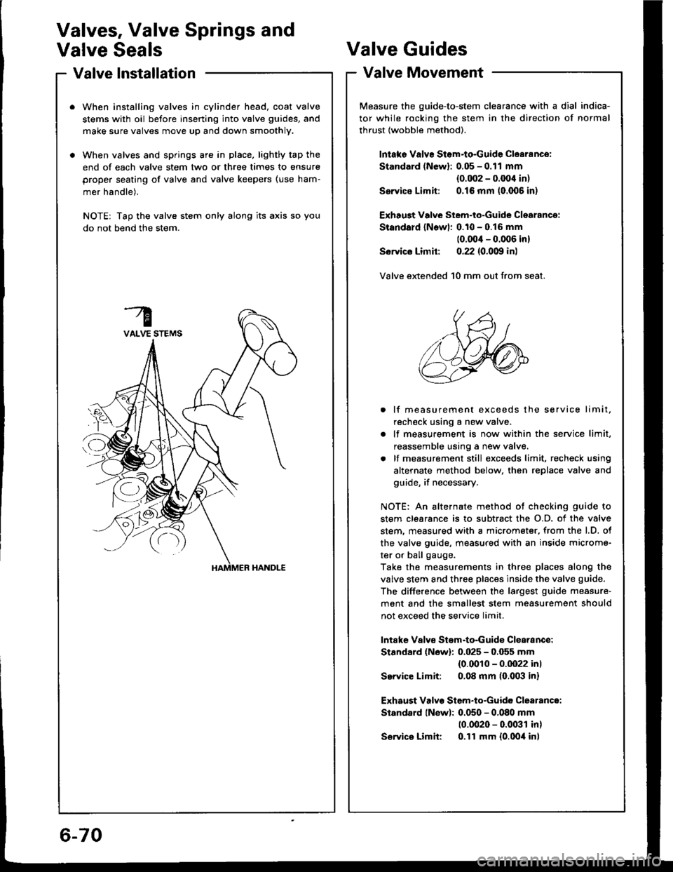 HONDA INTEGRA 1994 4.G Workshop Manual Valve lnstallation
When installing valves in cylinder head, coat valve
stems with oil before inserting into valve guides, and
make sure valves move up and down smoothly.
When valves and springs are in