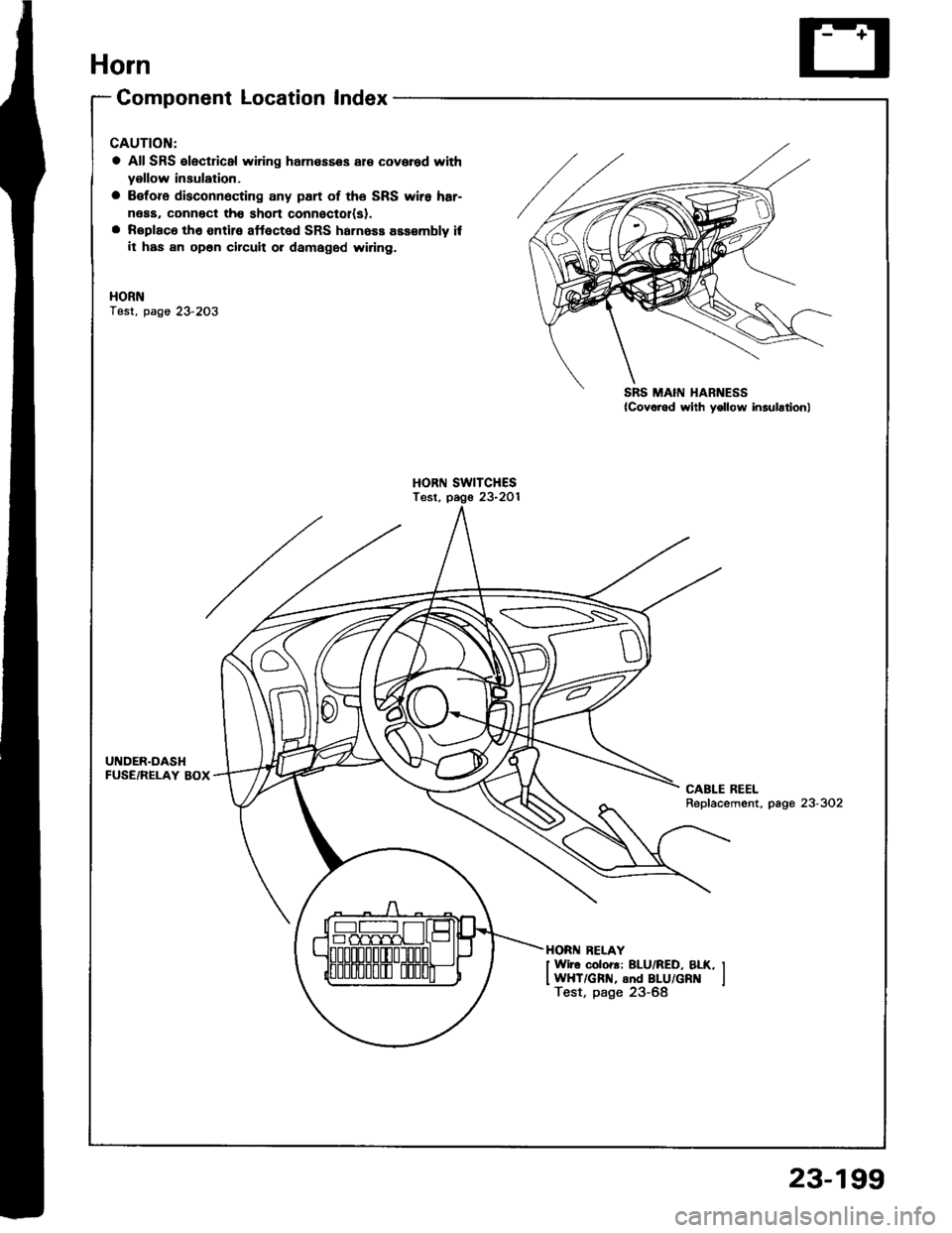 HONDA INTEGRA 1994 4.G Workshop Manual Horn
Component Location Index
CAUTION:
a All SRS €lectricsl wiring harnesses al€ covered with
yellow insulation.
a B€fore disconnecting any part of the SRS wiro har-
neaa, connect tho short conn