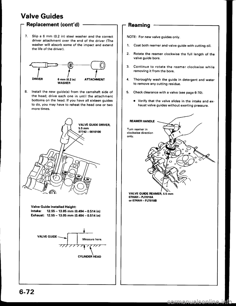 HONDA INTEGRA 1994 4.G Workshop Manual Valve Guides
Replacement (contdl
7. Slip a 6 mm {0.2 in) steel washer and the correct
driver attachment over the end of the driver (The
washer will absorb some of the imDact and extendthe life of the