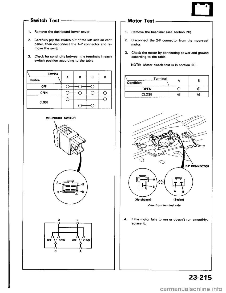 HONDA INTEGRA 1994 4.G Workshop Manual Switch Test
1, Remove the dashboard lower cover.
2. Carefully pry the switch out of the left side air vent
Danel, then disconnect the 4-P connector and re-
move the switch.
3. Check lor continuity bet HONDA INTEGRA 1994 4.G Workshop Manual Switch Test
1, Remove the dashboard lower cover.
2. Carefully pry the switch out of the left side air vent
Danel, then disconnect the 4-P connector and re-
move the switch.
3. Check lor continuity bet
