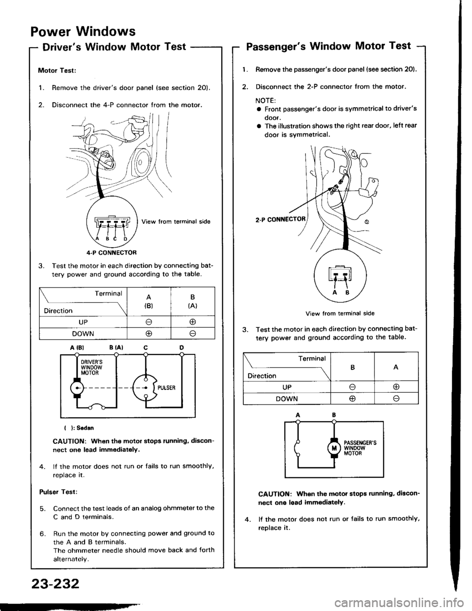 HONDA INTEGRA 1994 4.G Workshop Manual Power Windows
Drivers Window MotorTest
1. Remove the
2. Disconnect
Motor Test:
View from lerminal side
4.P CONNECTOR
3. Test the motor in each direction by connecting bat-
tery power and ground accor HONDA INTEGRA 1994 4.G Workshop Manual Power Windows
Drivers Window MotorTest
1. Remove the
2. Disconnect
Motor Test:
View from lerminal side
4.P CONNECTOR
3. Test the motor in each direction by connecting bat-
tery power and ground accor