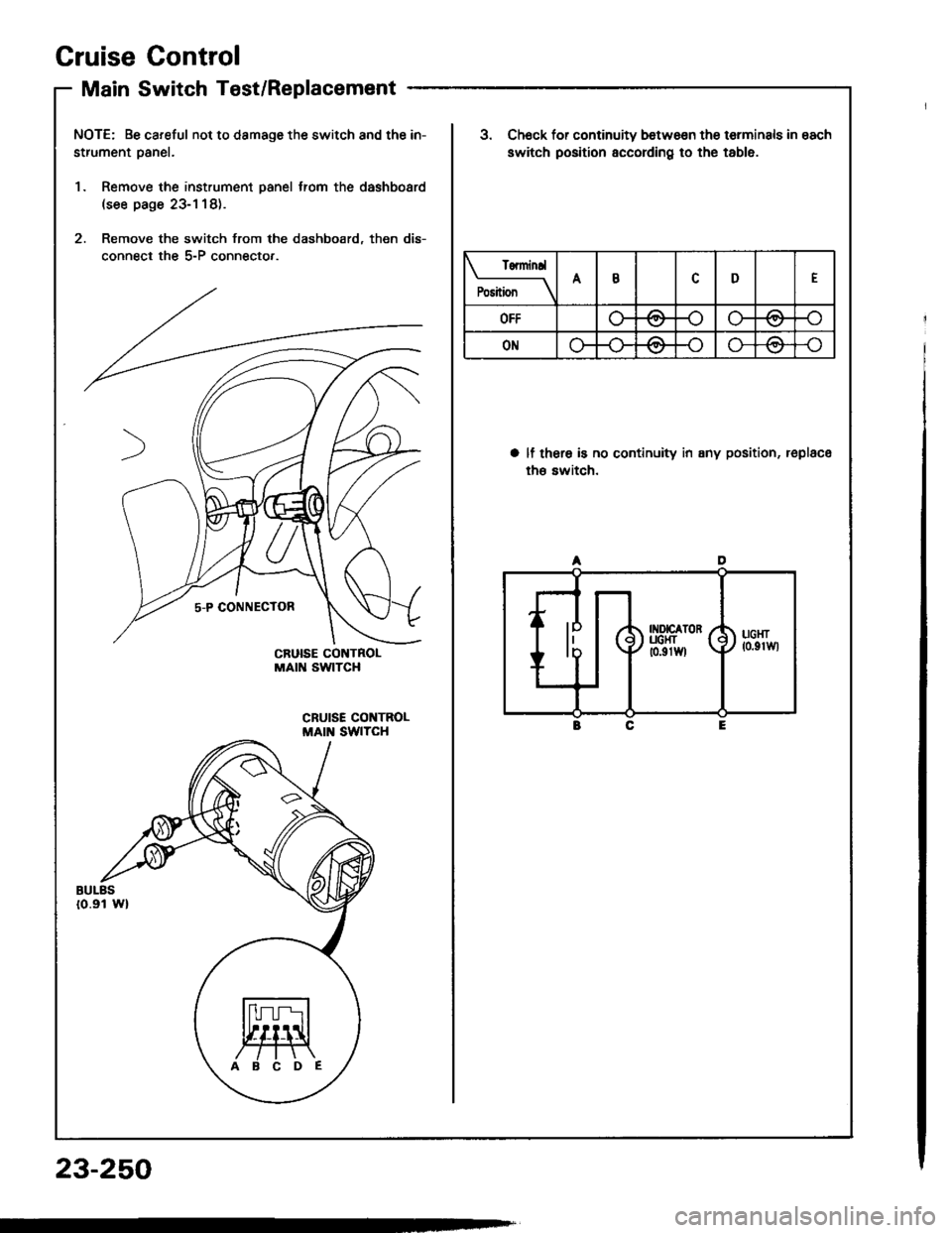 HONDA INTEGRA 1994 4.G Service Manual Cruise Gontrol
Main Switch Test/Replacement
NOTE: Be careful not to damage the switch and the in-
strument oanel.
1. Remove the instrument panel trom the dashboard(see page 23-1 18).
2. Remove the swi HONDA INTEGRA 1994 4.G Service Manual Cruise Gontrol
Main Switch Test/Replacement
NOTE: Be careful not to damage the switch and the in-
strument oanel.
1. Remove the instrument panel trom the dashboard(see page 23-1 18).
2. Remove the swi