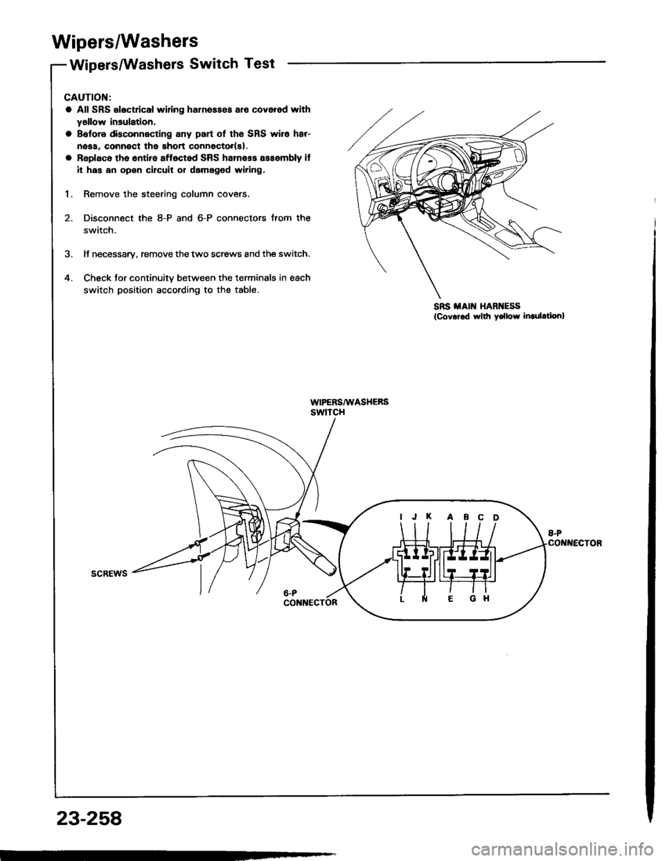 HONDA INTEGRA 1994 4.G User Guide Wipers/Washers
Wipers/Washers Switch Test
5
4
CAUTION:
a All SRS electrical wiring harn6ss6s alo covered with
yellow insulation.
a Belore dkconnecting any part ot th6 SRS wire har-
neaa. connect the s