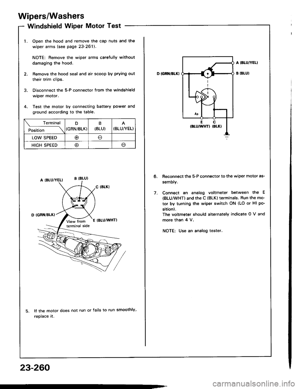 HONDA INTEGRA 1994 4.G Workshop Manual Wipers/Washers
Windshield Wiper Motor Test
Open the hood and remove the cap nuts and the
wiper arms (see page 23-261).
NOTE: Remove the wiper arms carefully without
damaging the hood.
Remove the hood 