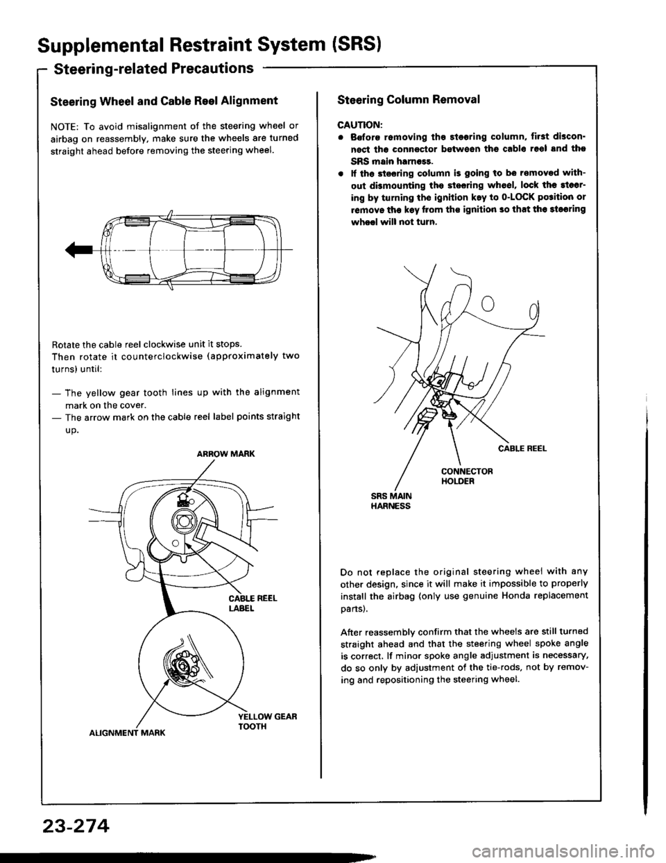 HONDA INTEGRA 1994 4.G Service Manual Supplemental Restraint System (SRS)
Steerin g-related Precautions
Steering Wheel and Cable Reel Alignment
NOTE: To avoid misalignment of the steering wheel or
airbag on reassembly, make sure the wheel