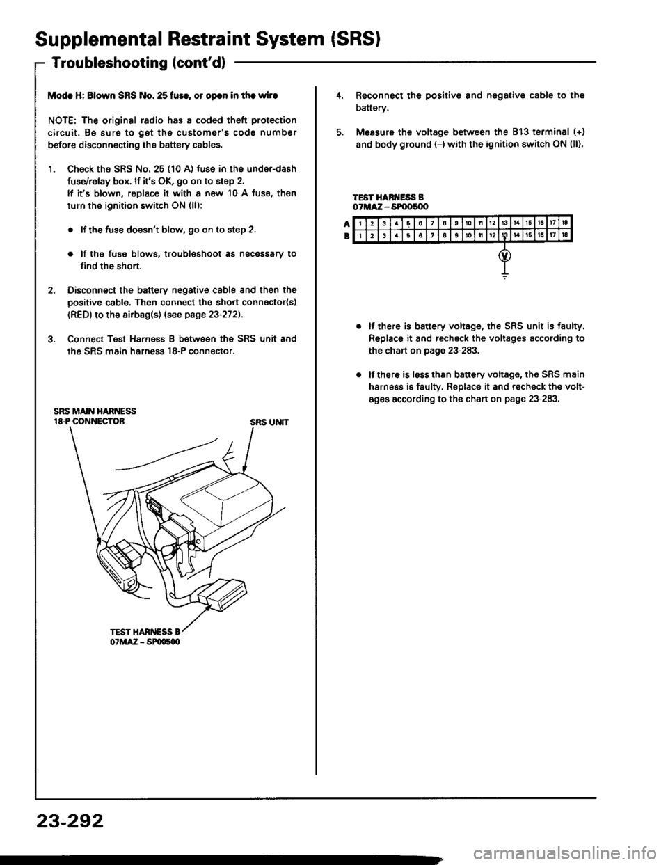 HONDA INTEGRA 1994 4.G Workshop Manual Supplemental Restraint System (SRSI
Troubleshooting {contdl
Modc H: Blown SRS No. 25 fur., ol opcn in the wire
NOTE: The original radio has a coded theft protection
circuit. Be sure to get the custom