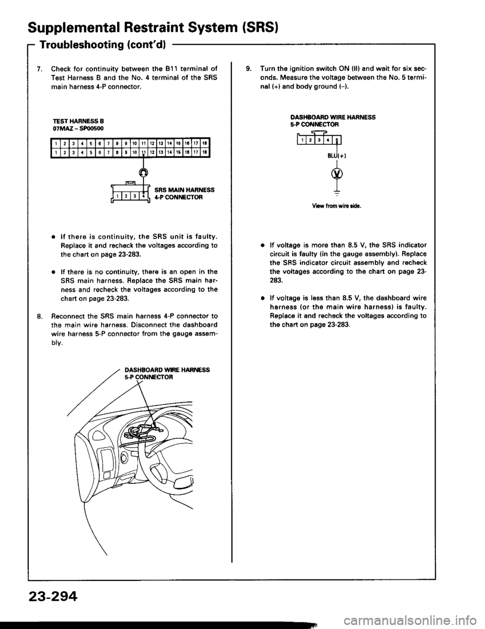 HONDA INTEGRA 1994 4.G Repair Manual Supplemental
Troubleshooting(contdl
RestraintSystem (SRSI
7.Check for continuity between the 811 terminal of
Test Harness B and the No. 4 terminal of the SRS
main harness 4-P conngctor,
oTurn ths ign