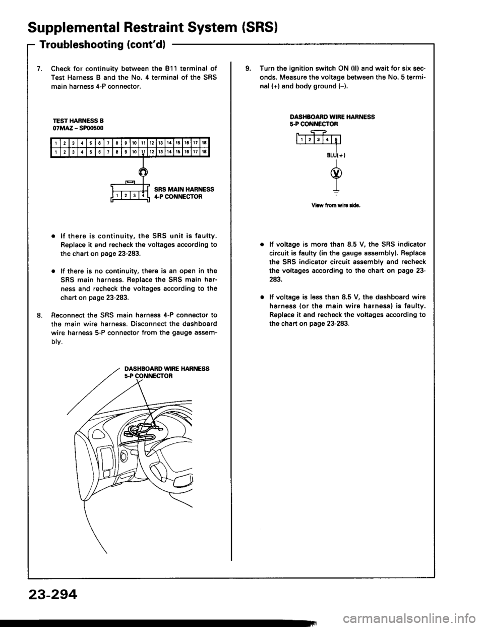 HONDA INTEGRA 1994 4.G Owners Manual Supplemental
Troubleshooting(contdl
RestraintSystem (SRSI
7.Check for continuity between the 811 terminal of
Test Harness B and the No. 4 terminal of the SRS
main harness 4-P conngctor,
oTurn ths ign HONDA INTEGRA 1994 4.G Owners Manual Supplemental
Troubleshooting(contdl
RestraintSystem (SRSI
7.Check for continuity between the 811 terminal of
Test Harness B and the No. 4 terminal of the SRS
main harness 4-P conngctor,
oTurn ths ign
