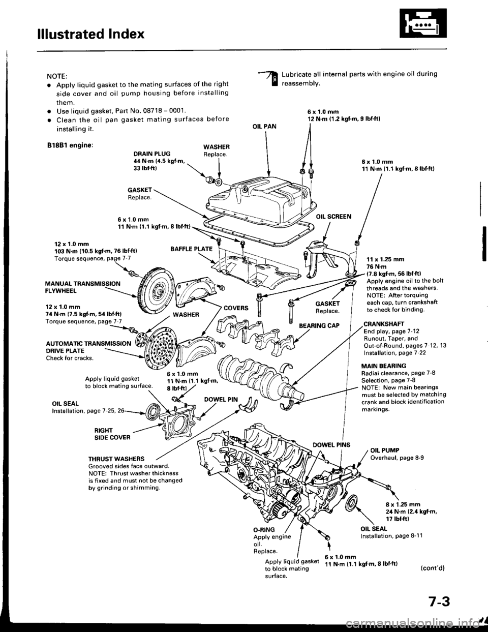 HONDA INTEGRA 1994 4.G Workshop Manual lllustrated Index
NOTE:
. Apply liquid gasket to the mating surfaces of the right
side cover and oil pump housing before installing
them.
. Use liquid gasket, Pan No.08718 - 0001.
. Clean the oil pan 