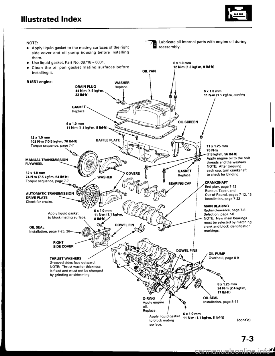 HONDA INTEGRA 1994 4.G Workshop Manual lllustrated Index
NOTE:
. Apply liquid gasket to the mating surfaces of the right
side cover and oil pump housing before installing
them.
. Use liquid gasket, Pan No.08718 - 0001.
. Clean the oil pan HONDA INTEGRA 1994 4.G Workshop Manual lllustrated Index
NOTE:
. Apply liquid gasket to the mating surfaces of the right
side cover and oil pump housing before installing
them.
. Use liquid gasket, Pan No.08718 - 0001.
. Clean the oil pan