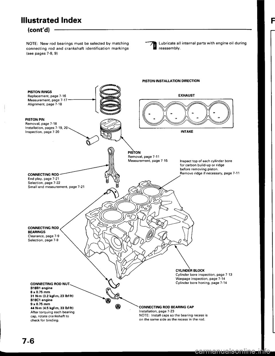 HONDA INTEGRA 1994 4.G User Guide lllustrated IndexF
(contd)
NOTE: New rod bearings must be selected by
connecting rod and crankshaft identification
(see pages 7-8,9)
matching
marKrngs
Lubricate all internal parts with engine oil dur HONDA INTEGRA 1994 4.G User Guide lllustrated IndexF
(contd)
NOTE: New rod bearings must be selected by
connecting rod and crankshaft identification
(see pages 7-8,9)
matching
marKrngs
Lubricate all internal parts with engine oil dur