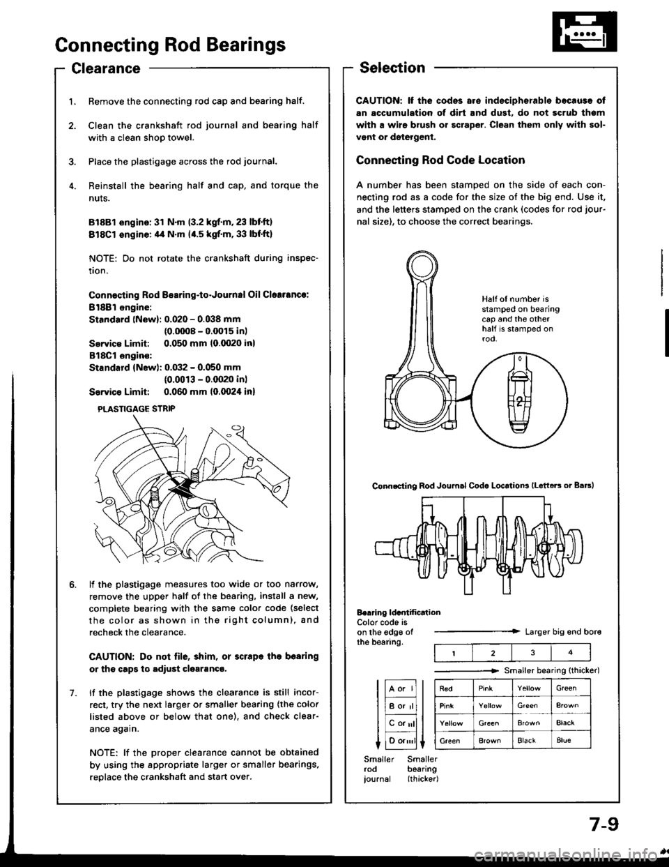 HONDA INTEGRA 1994 4.G Workshop Manual ConnectingRod Bearings
ClearanceSelection
CAUTION: lf the codss are indeciphsrable bocause of
an accumulation of dirt and dust. do not scrub tham
with a wiro brush or scraper. Clean them only with sol HONDA INTEGRA 1994 4.G Workshop Manual ConnectingRod Bearings
ClearanceSelection
CAUTION: lf the codss are indeciphsrable bocause of
an accumulation of dirt and dust. do not scrub tham
with a wiro brush or scraper. Clean them only with sol