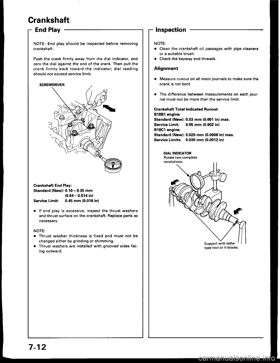 HONDA INTEGRA 1994 4.G Workshop Manual EndPlay
NOTE; End play should be inspected before removing
crankshaft.
Push the crank firmly awav from the dial indicator, and
zero the dial against the end of the crank. Then pull the
crank firmly ba
