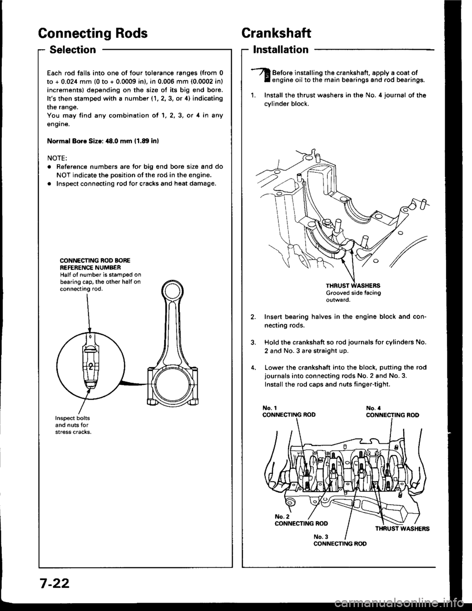 HONDA INTEGRA 1994 4.G Workshop Manual Connecting Rods
Selection
Each rod falls into one of four tolerance ranges (from 0
to + 0.024 mm (0 to + 0.0009 inl, in 0.006 mm {0.0002 in)
increments) depending on the size ot its big end bore.
Its HONDA INTEGRA 1994 4.G Workshop Manual Connecting Rods
Selection
Each rod falls into one of four tolerance ranges (from 0
to + 0.024 mm (0 to + 0.0009 inl, in 0.006 mm {0.0002 in)
increments) depending on the size ot its big end bore.
Its