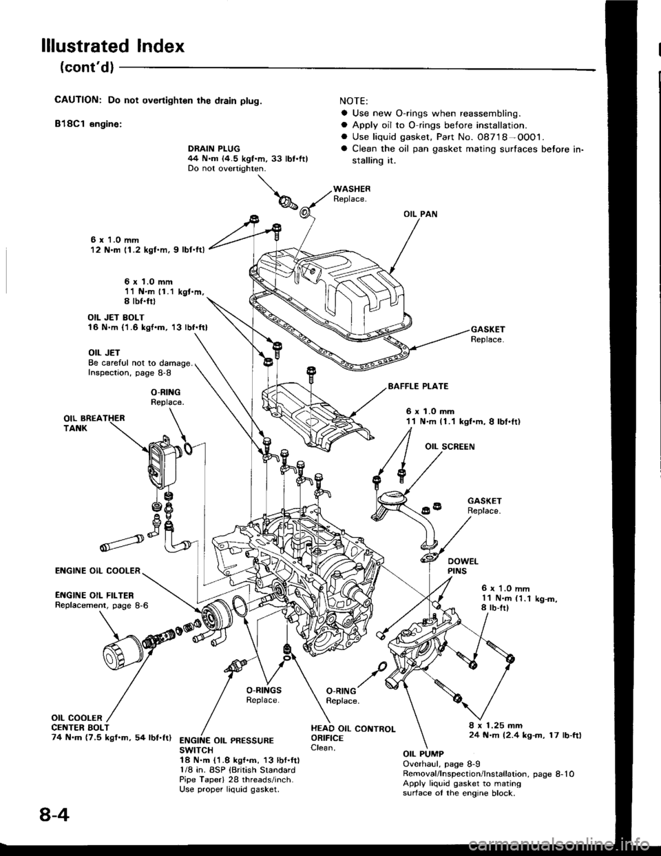 HONDA INTEGRA 1994 4.G Owners Manual lllustrated Index
(contdl
CAUTION: Do not overtighten rhe dlain ptug.
818C1 engine:
NOTE:
a Use new O-rings when reassembling.
a Apply oil to O rings before installation.. Use liquid gasket. Part No. HONDA INTEGRA 1994 4.G Owners Manual lllustrated Index
(contdl
CAUTION: Do not overtighten rhe dlain ptug.
818C1 engine:
NOTE:
a Use new O-rings when reassembling.
a Apply oil to O rings before installation.. Use liquid gasket. Part No.