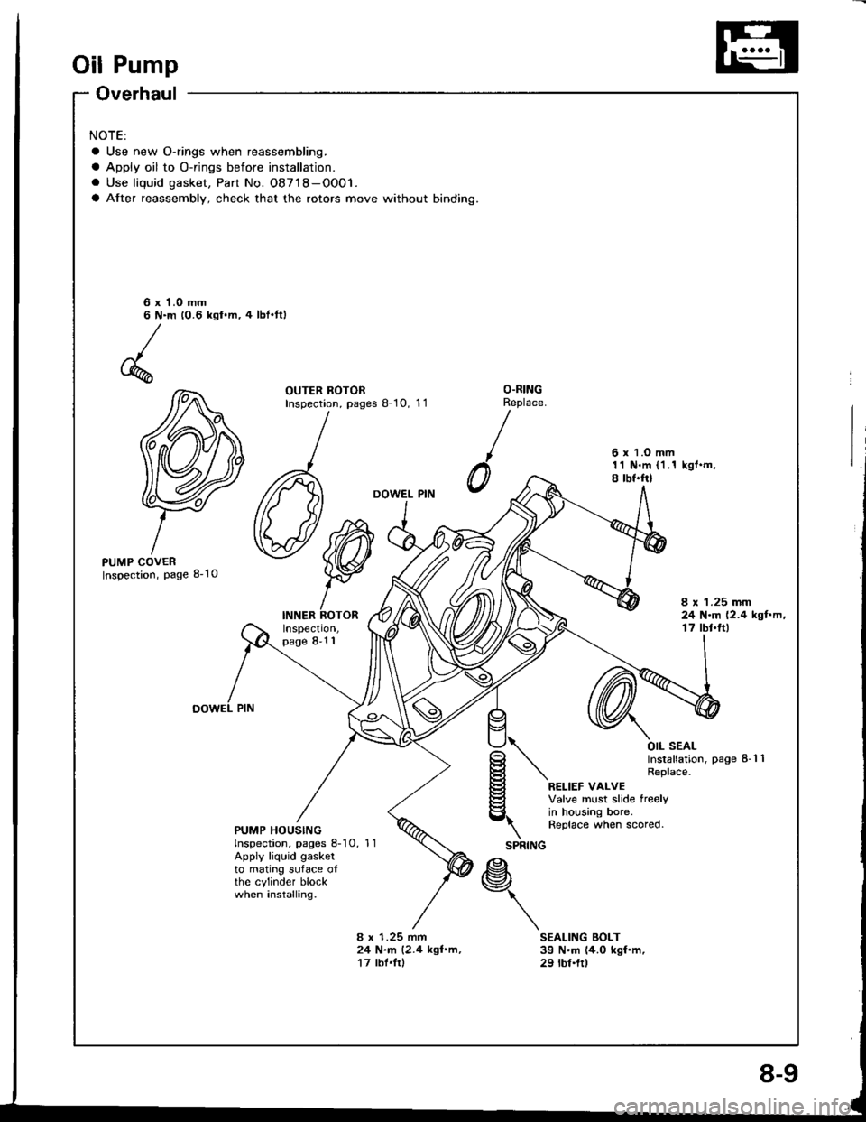 HONDA INTEGRA 1994 4.G Owners Manual Oil Pump
Overhaul
NOTE:
a Use new O-rings when reassembling.
a Apply oil to O-rings before installation.
. Use liquid gasket, Part No. 08718-OO01.
a After reassembly, check that the rotors move withou HONDA INTEGRA 1994 4.G Owners Manual Oil Pump
Overhaul
NOTE:
a Use new O-rings when reassembling.
a Apply oil to O-rings before installation.
. Use liquid gasket, Part No. 08718-OO01.
a After reassembly, check that the rotors move withou