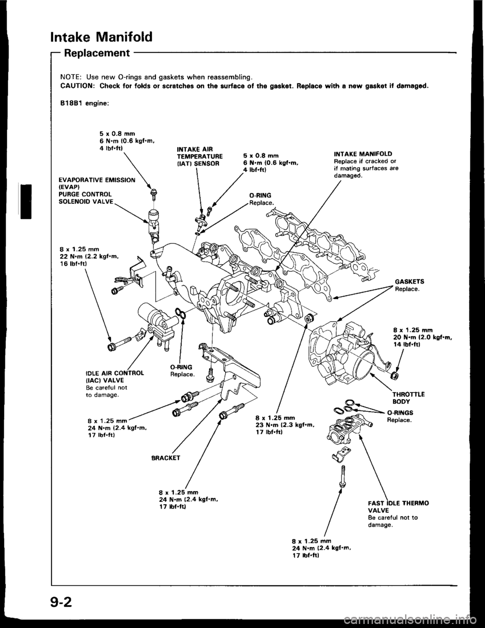 HONDA INTEGRA 1994 4.G Workshop Manual Intake Manifold
Replacement
NOTE: Use new O-rings and gaskets when reassembling.
CAUTION: Check for tolds or scratches on the aurface ot the gasket. Roplace with a now gasket it damagod,
81881 engine: HONDA INTEGRA 1994 4.G Workshop Manual Intake Manifold
Replacement
NOTE: Use new O-rings and gaskets when reassembling.
CAUTION: Check for tolds or scratches on the aurface ot the gasket. Roplace with a now gasket it damagod,
81881 engine: