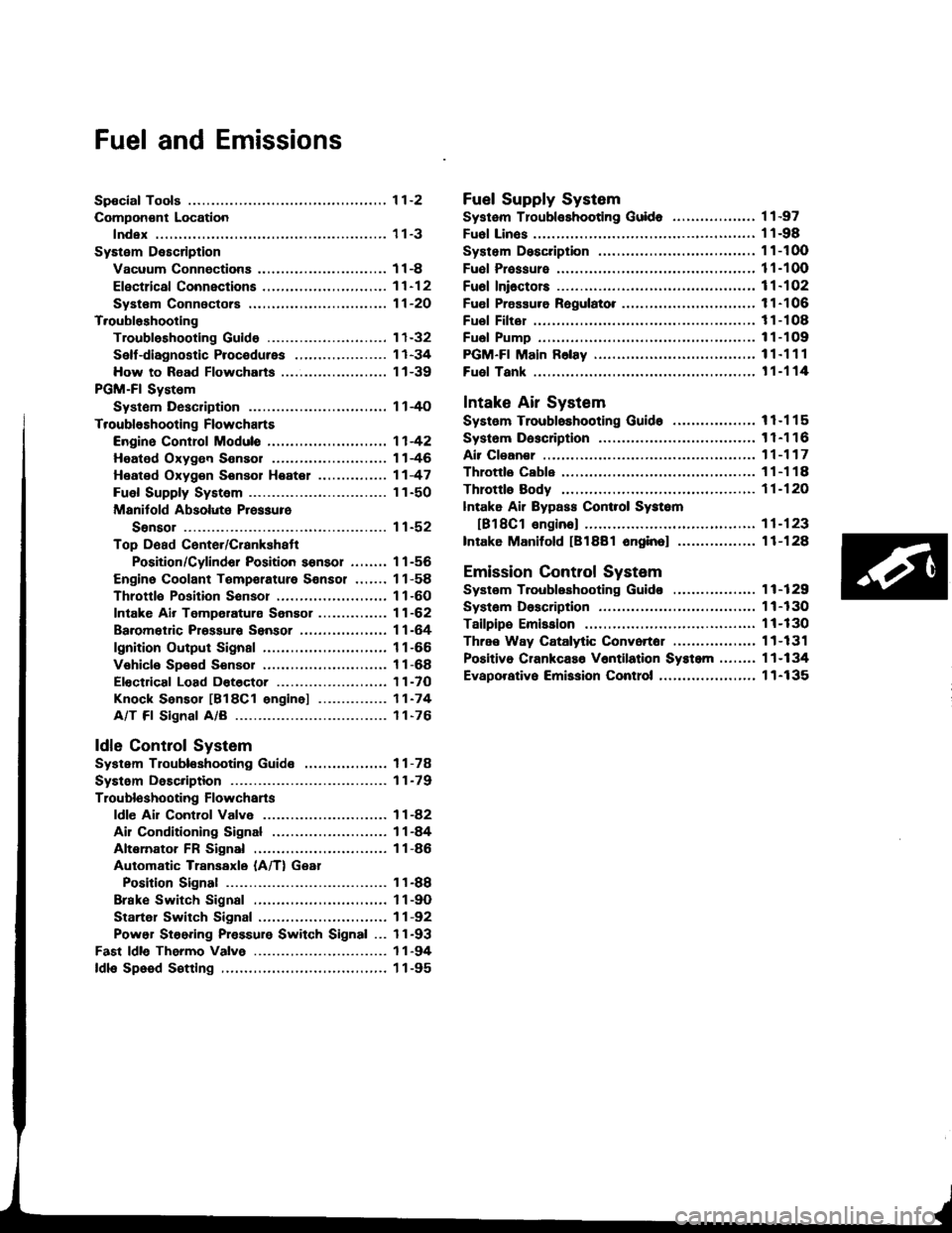 HONDA INTEGRA 1994 4.G Workshop Manual Fuel and Emissions
Spocial Tools ................ 1 1-2
Compon€nt Location
lndex ................. ...... 11-3
System Description
Vacuum Connectiona .......,.................... 1 1 -8
Efectrical Co