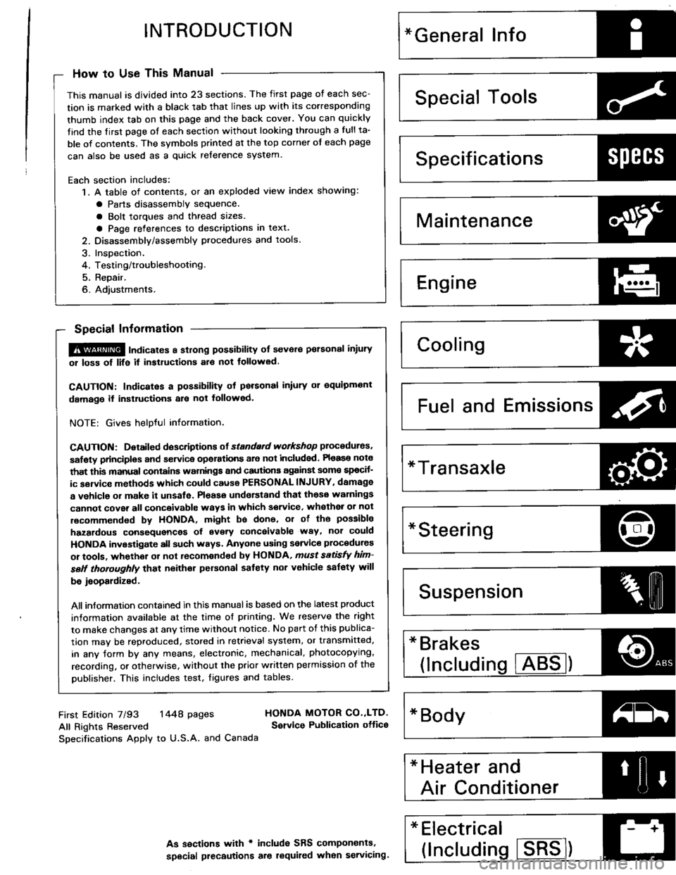 HONDA INTEGRA 1994 4.G Workshop Manual INTRODUCTION
How to Use This Manual
This manual is divided into 23 sections. The first page of each sec-
tion is marked with a black tab that lines up with its corresponding
thumb index tab on this pa
