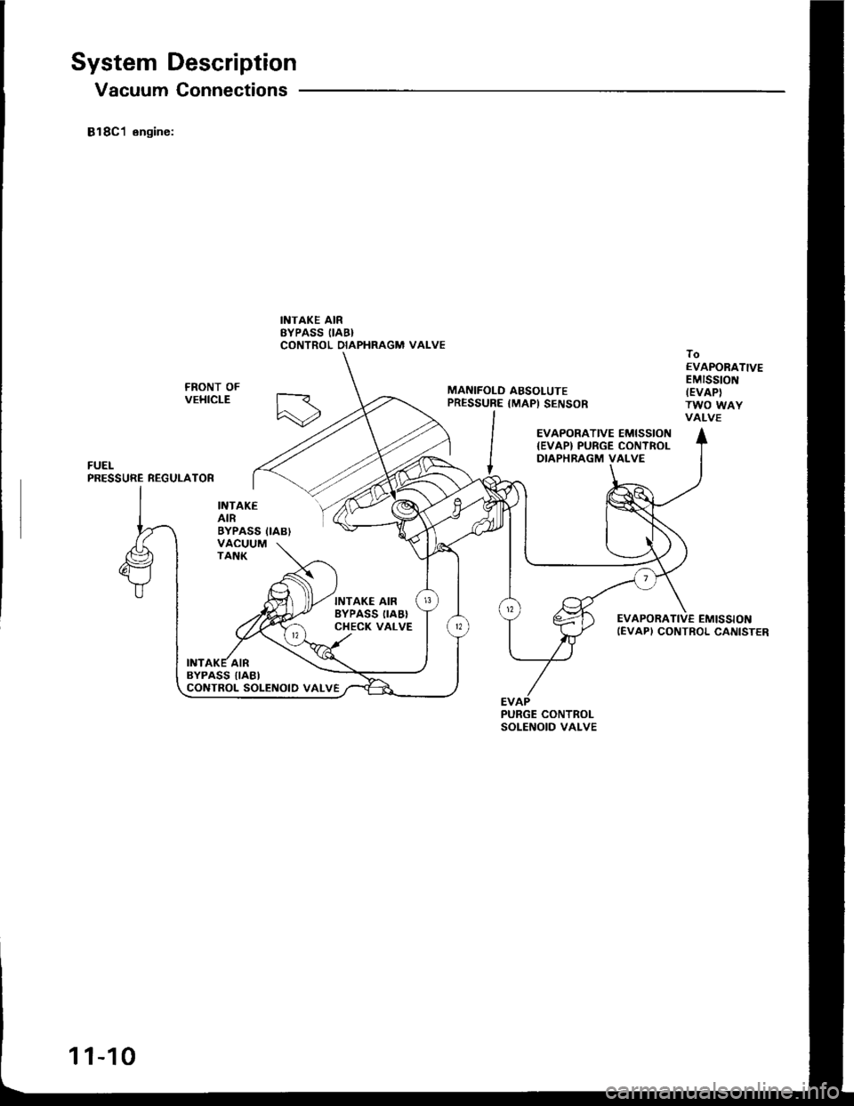 HONDA INTEGRA 1994 4.G Workshop Manual System Description
Vacuum Connections
818C1 engine:
INTAKEAIRBYPASS IIAB}VACUUMTANK
INTAKE AIRSYPASS IIAB}CONTROL DIAPHRAGM VAI-VE
MANIFOLO ABSOLUTEPRESSURE {MAP) SENSOR
toEVAPORATIVEEMISStONIEVAPITWO