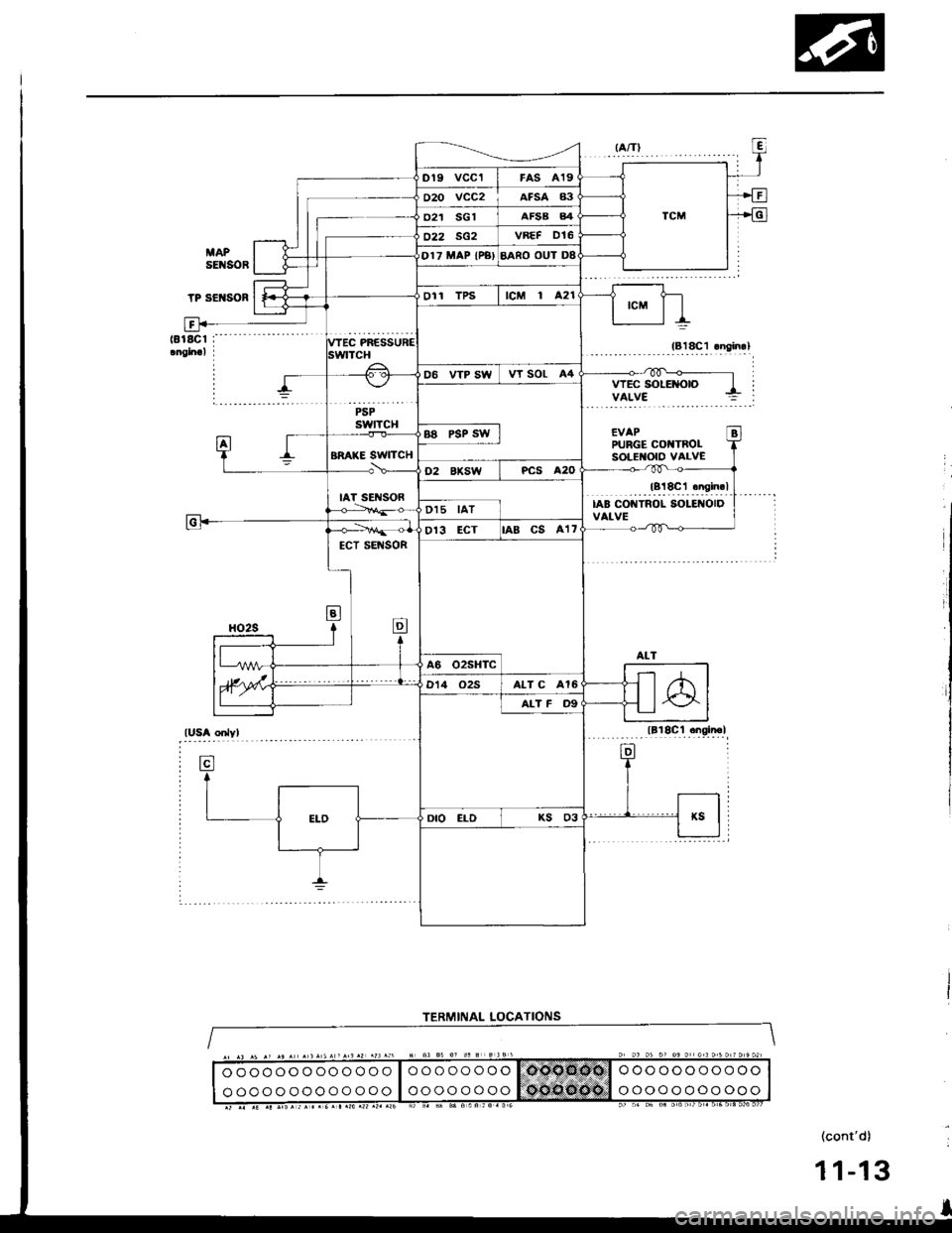 HONDA INTEGRA 1994 4.G Workshop Manual ITIAPsEl{SOR
TP SEI{SOR
IUSA or yl
..!L1.99!.elsrl
VTEC SOLE]{O|O
EVAPPURGE COT{TROLSOLEI{OIO VALVE
(contd)
11-13
|AA CO TROL SOLEI{OIDVAI.VE
ECT SEI{SOR
ALT C 416
TERMINAL LOCATIONS
oooooooo
oooooo