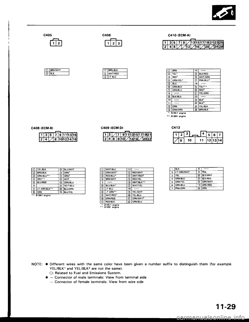 HONDA INTEGRA 1994 4.G Workshop Manual c405
fr
ffi
c406
rtr--Jl
I6TBRN/B,L( -----l
l€, lwHr/uED -__-l
l6TLr BN--- l_l
c408 {ECM-Bl
suffix to distinguish them (for examplea Different wires with the same color have been given a number
YEL HONDA INTEGRA 1994 4.G Workshop Manual c405
fr
ffi
c406
rtr--Jl
I6TBRN/B,L( -----l
l€, lwHr/uED -__-l
l6TLr BN--- l_l
c408 {ECM-Bl
suffix to distinguish them (for examplea Different wires with the same color have been given a number
YEL