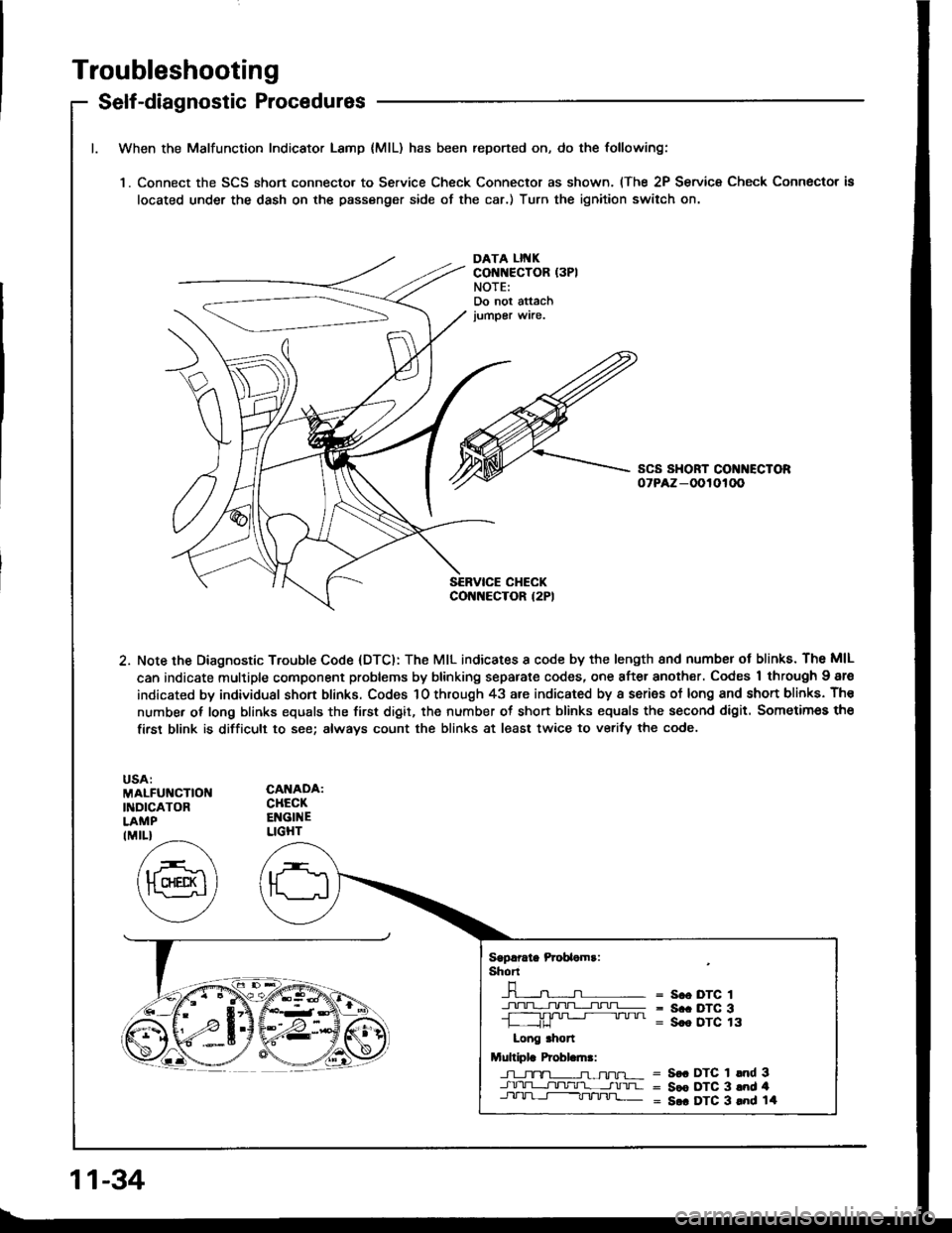 HONDA INTEGRA 1994 4.G Workshop Manual Troubleshooting
Self-diagnostic Procedures
When the Malfunction Indicator Lamp {MlL) has been reported on, do the following:
1. Connect the SCS short connecto. to Service Check Connector as shown. (T HONDA INTEGRA 1994 4.G Workshop Manual Troubleshooting
Self-diagnostic Procedures
When the Malfunction Indicator Lamp {MlL) has been reported on, do the following:
1. Connect the SCS short connecto. to Service Check Connector as shown. (T
