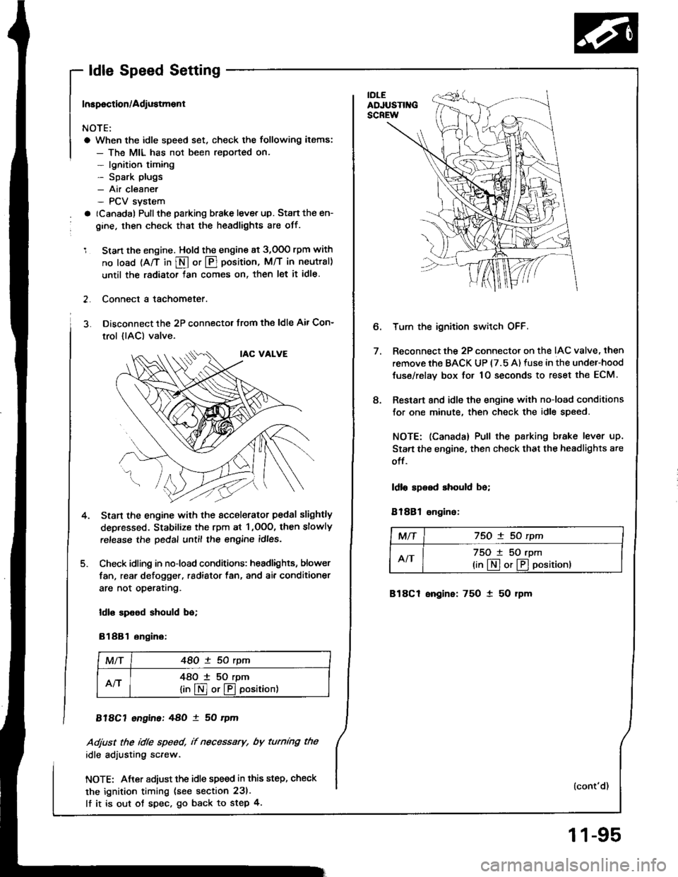 HONDA INTEGRA 1994 4.G User Guide - ldle Speed Setting
Inspoction/Adiustment
NOTE:
a When the idle speed set, check the following items:
- The MIL has not been reported on.- lgnition timing- Spark plugs- Air cleaner- PCV svstem
a (Can