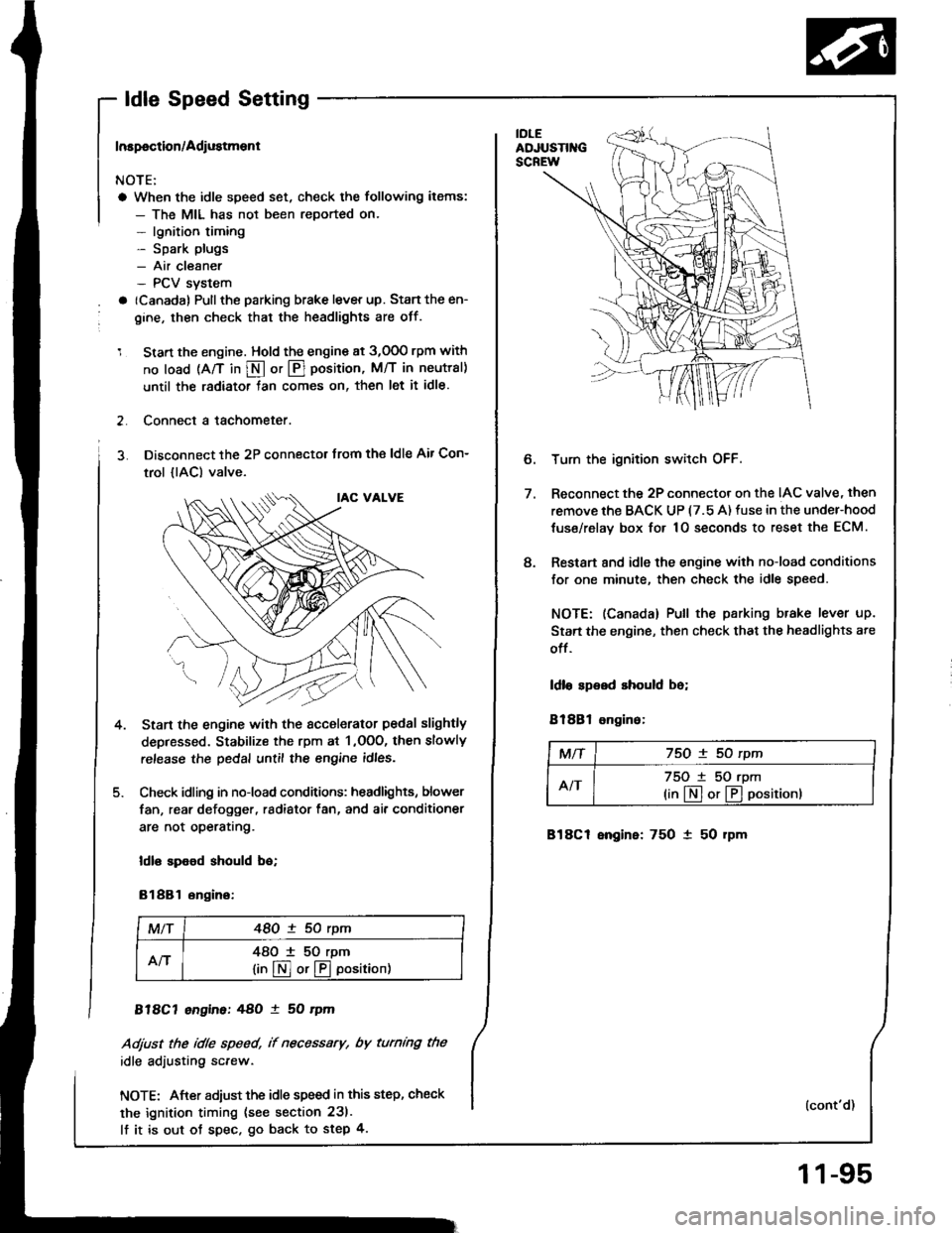 HONDA INTEGRA 1994 4.G Workshop Manual - ldle Speed Setting
Inspoction/Adiustment
NOTE:
a When the idle speed set, check the following items:
- The MIL has not been reported on.- lgnition timing- Spark plugs- Air cleaner- PCV svstem
a (Can