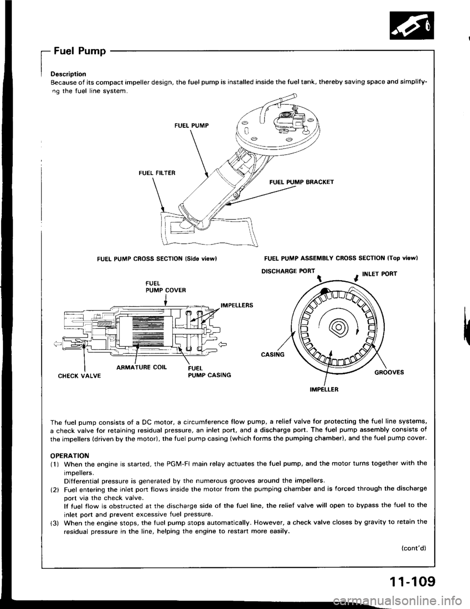 HONDA INTEGRA 1994 4.G Workshop Manual [":::,::-
Eecause of its compact impeller design, the fuel pump is installed inside the fueltank, thereby saving space
ng the fuel line system.
FUEL PUMP
FUEL FILTER
FUEL PUMP BRACKET
FUEL PUMP CROSS