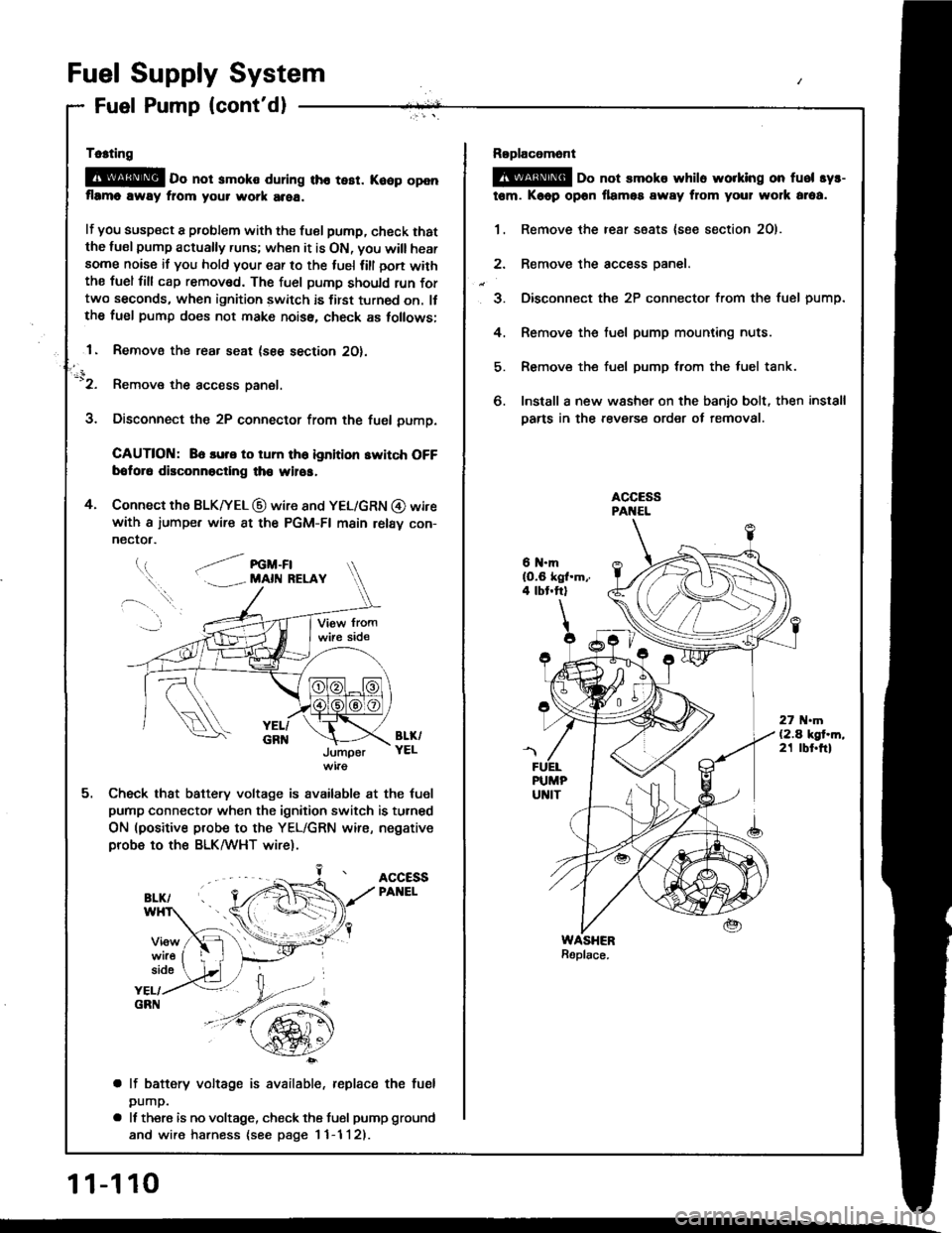 HONDA INTEGRA 1994 4.G User Guide Fuel Supply System
Fuel Pump (contdl
Tc.ting
@E o" not smoko during tho tesr. Koop openflrmo away fiom your work area.
lf you susp€ct a problem with the tuel pump, check thatthe lusl pump actually 