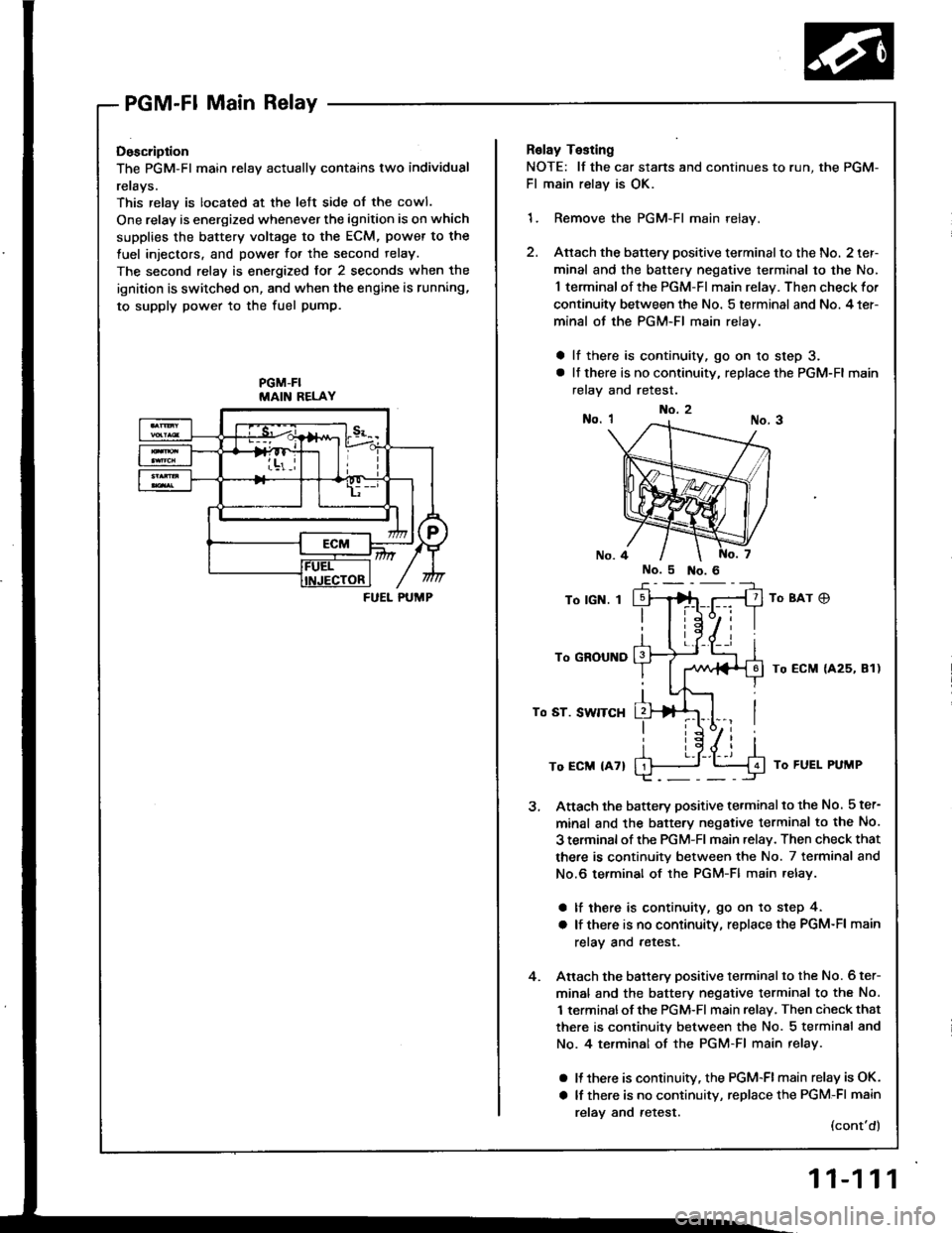 HONDA INTEGRA 1994 4.G User Guide PGM-Fl Main Relay
Doscription
The PGM-Fl main relav actuallv contains two individual
rerays.
This relay is located at the lett side of the cowl.
One relay is energized whenever the ignition is on whic
