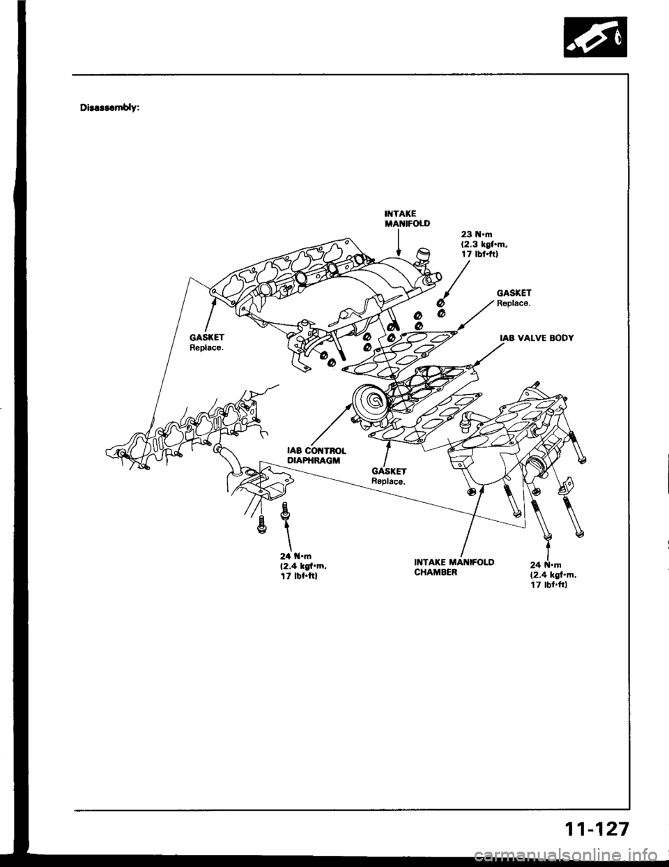 HONDA INTEGRA 1994 4.G Workshop Manual Dls!$.muy:
ITTAKEMANIFOLD23 N.m12.3 kgt.m.17 tbt.ftl
GASXETRgplace.6aa
|AA VALVE AODY
I]{TAKE MANIFOLDCHAMBER24 N.m(2.4 kgf.m,t7 tbf.ftl
11-127 
