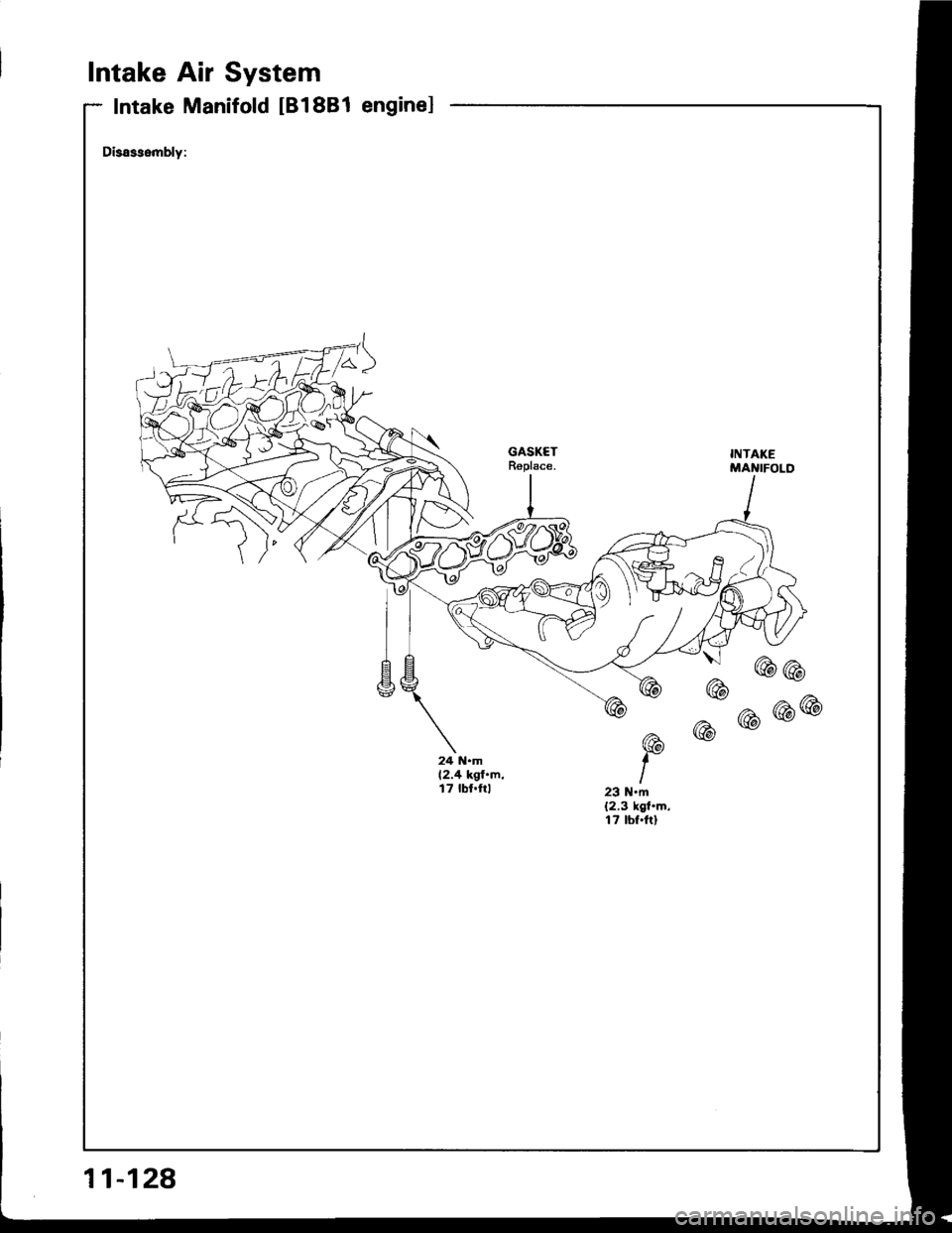HONDA INTEGRA 1994 4.G Workshop Manual Intake Air System
Intake Manifold IB18B1 enginel
Disassembly:
{ uuu
24 N.m12.4 kgf.m,t7 tbt.ftl23 Nm(2.3 kgt.m,17 tbf.ftl
11-128 