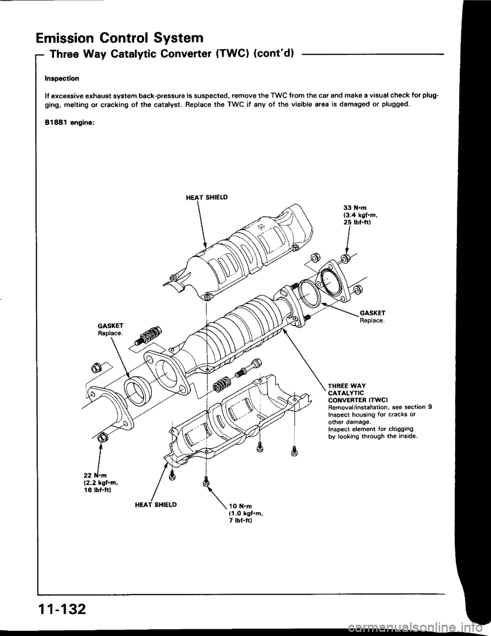 HONDA INTEGRA 1994 4.G Workshop Manual Emission Control System
Three Way Catalytic Converter (TWC) (contdl
Inspection
lf sxcessive oxhaust system back-pressure is suspected. remove the TWC trom the car and make a visual check for plug-
gi