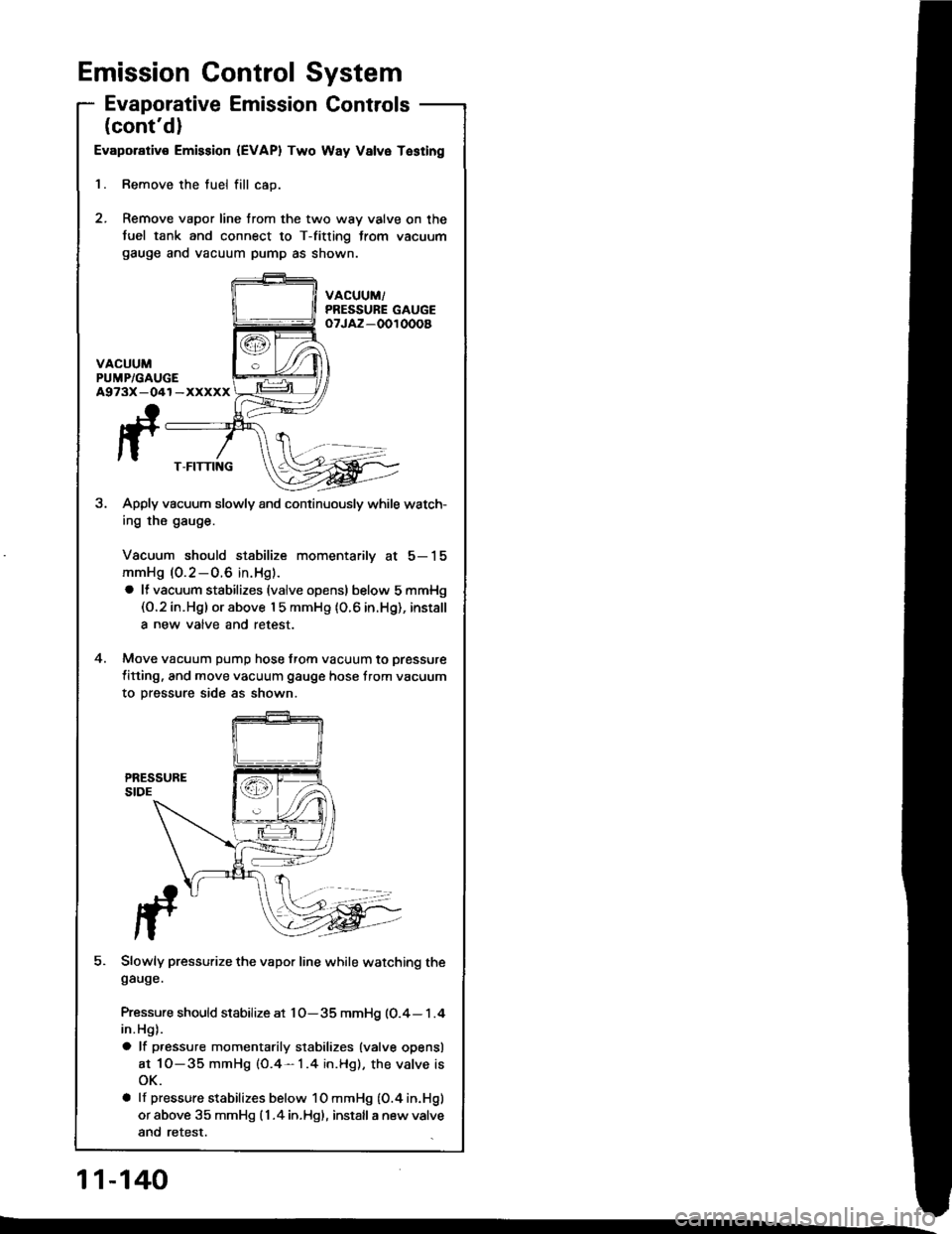 HONDA INTEGRA 1994 4.G Owners Manual Emission Control System
Evaporative Emission Controls
(contdl
Evaporativ€ Emission {EVAPI Two Way Valvo Tasting
l. Remove the tuel fill cao.
2. Remove vapor line trom the two way valve on the
fuel 