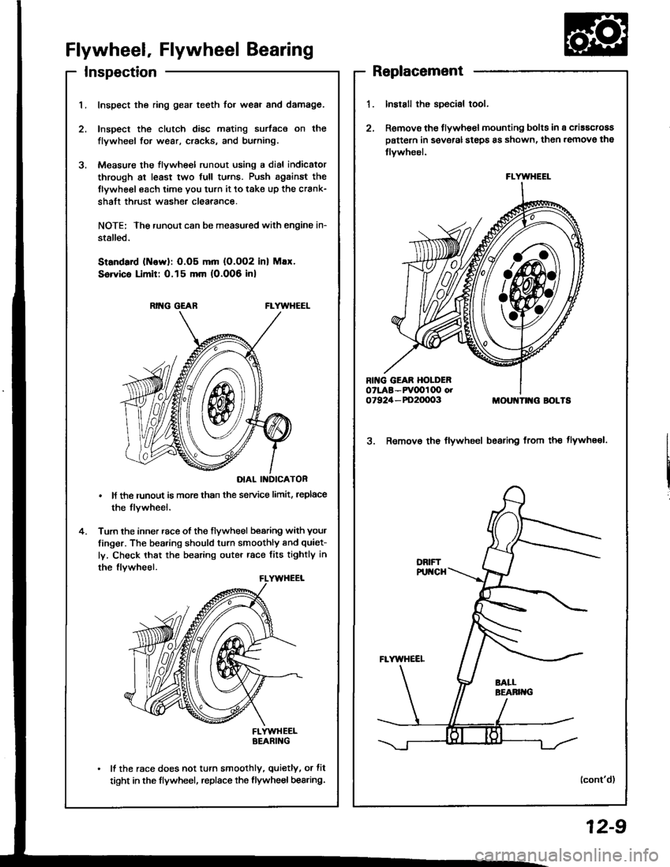 HONDA INTEGRA 1994 4.G Owners Guide InspectionReplacement
Flywheel, Flywheel Bearing
Inspect the ring gear teeth for wear and damage.
Inspect the clutch disc mating surface on the
flywheel fo. wear, cracks, and burning.
Measure the flyw HONDA INTEGRA 1994 4.G Owners Guide InspectionReplacement
Flywheel, Flywheel Bearing
Inspect the ring gear teeth for wear and damage.
Inspect the clutch disc mating surface on the
flywheel fo. wear, cracks, and burning.
Measure the flyw