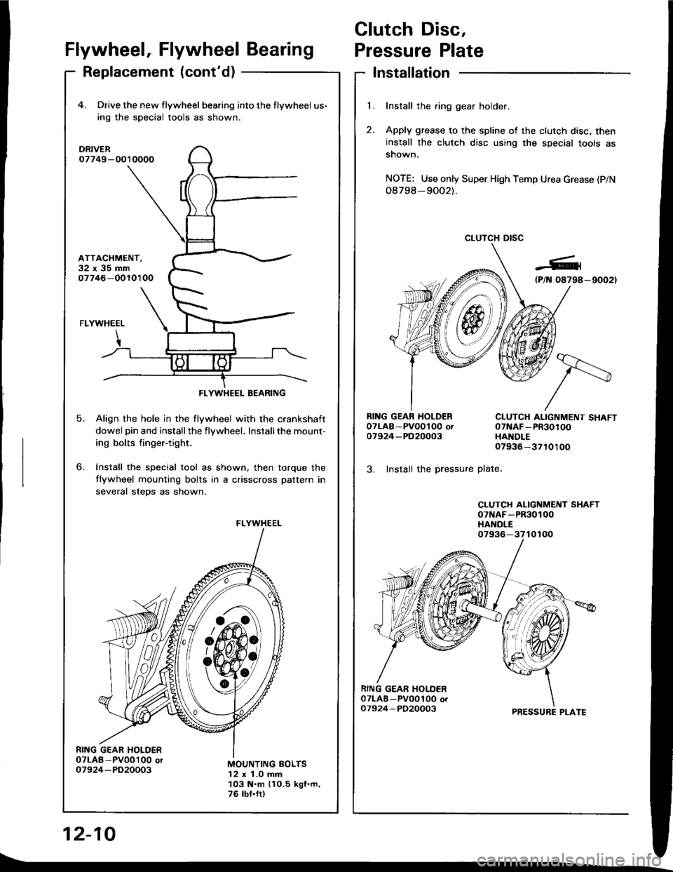 HONDA INTEGRA 1994 4.G Workshop Manual Clutch Disc,
l.
t
Flywheel, Flywheel BearingPressure Plate
Replacement (contd)Installation
Install the ring gear holder.
Apply grease to the spline of the clutch disc, theninstall the clutch disc usi