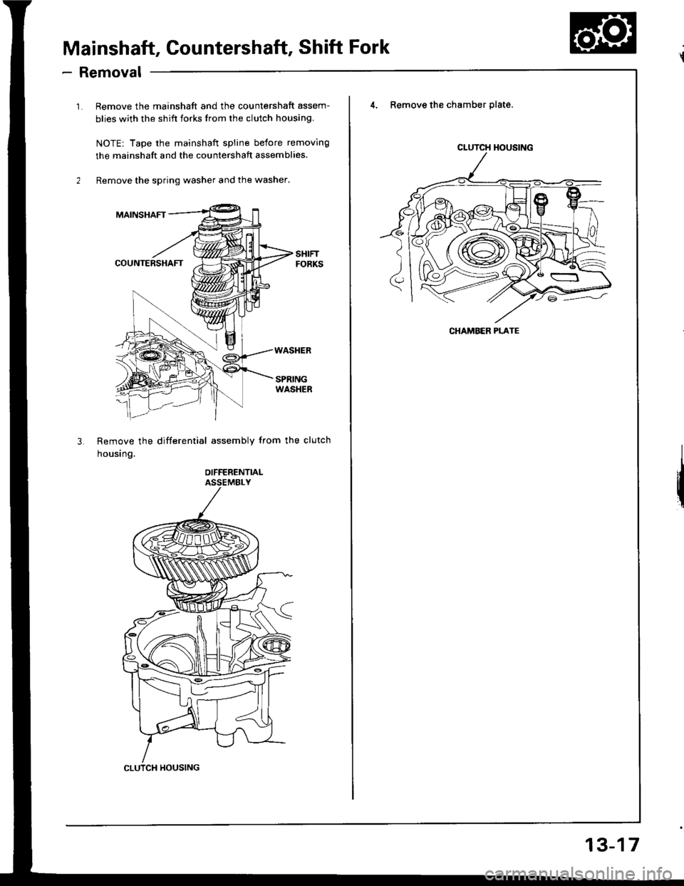 HONDA INTEGRA 1994 4.G Workshop Manual Mainshaft, Gountershaft, Shift Fork
- Removal
1. Remove the mainshaft and the countershaft assem-
blies with the shift forks from the clutch housing.
NOTE: Tape the mainshaft spline belore removing
th